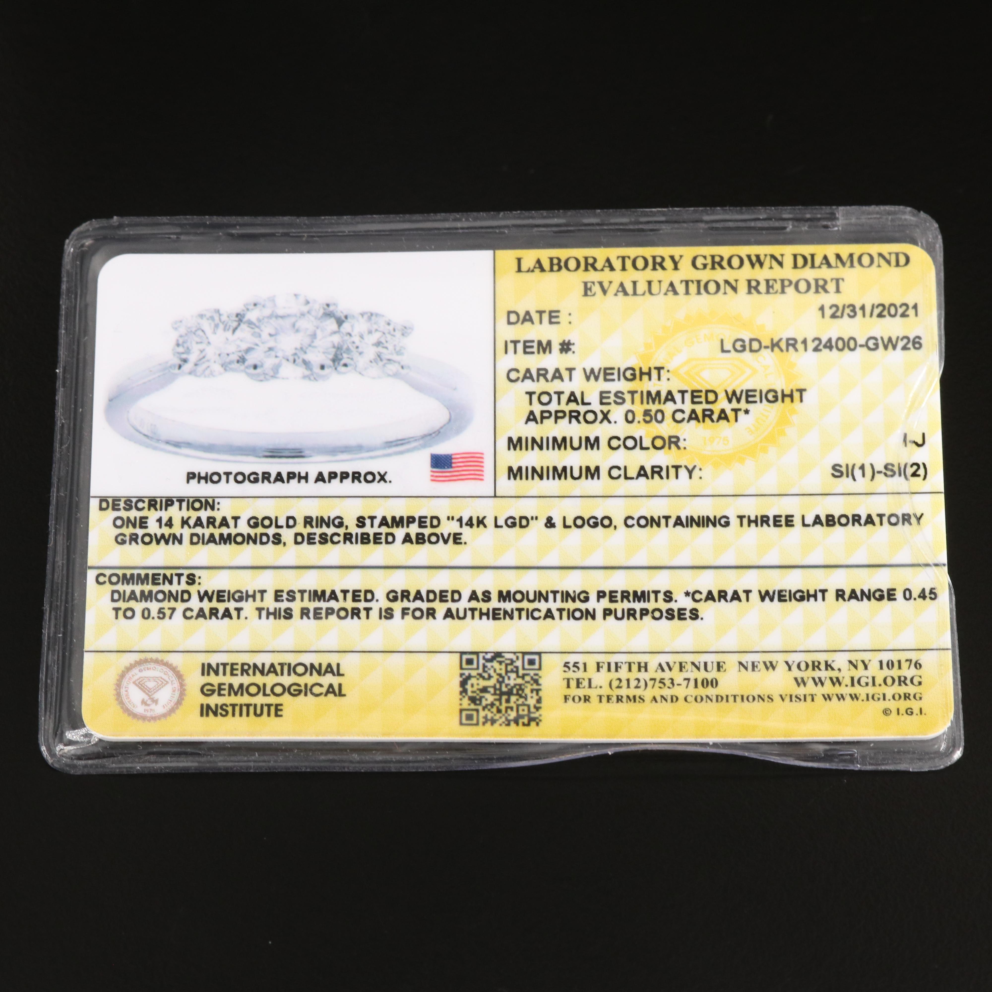 14K 0.48 CTW Lab Grown Diamond Three Stone Ring with IGI Report