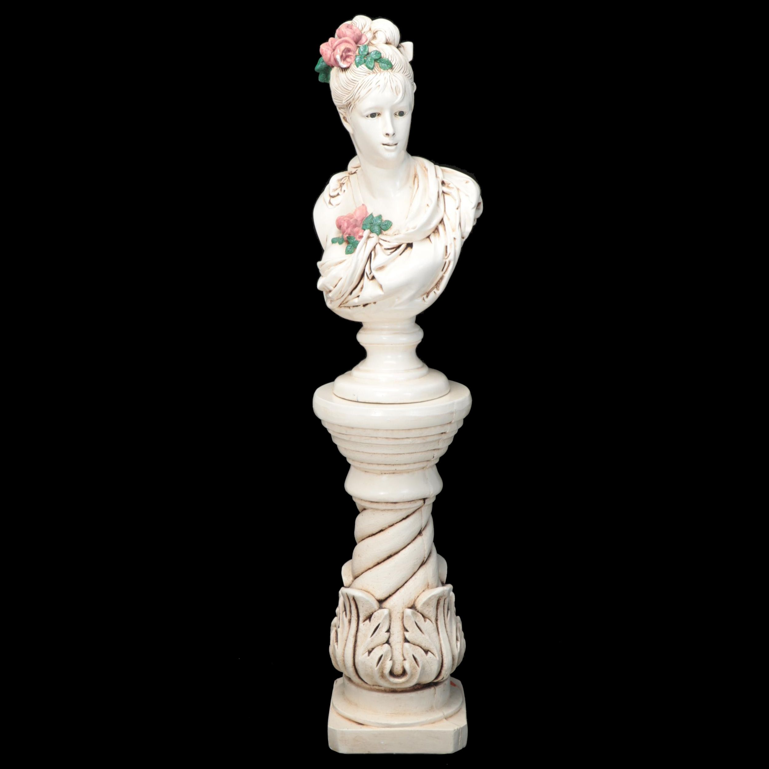 Painted Cast Plaster Bust of Woman on Pedestal after A. Carrier-Belleuse