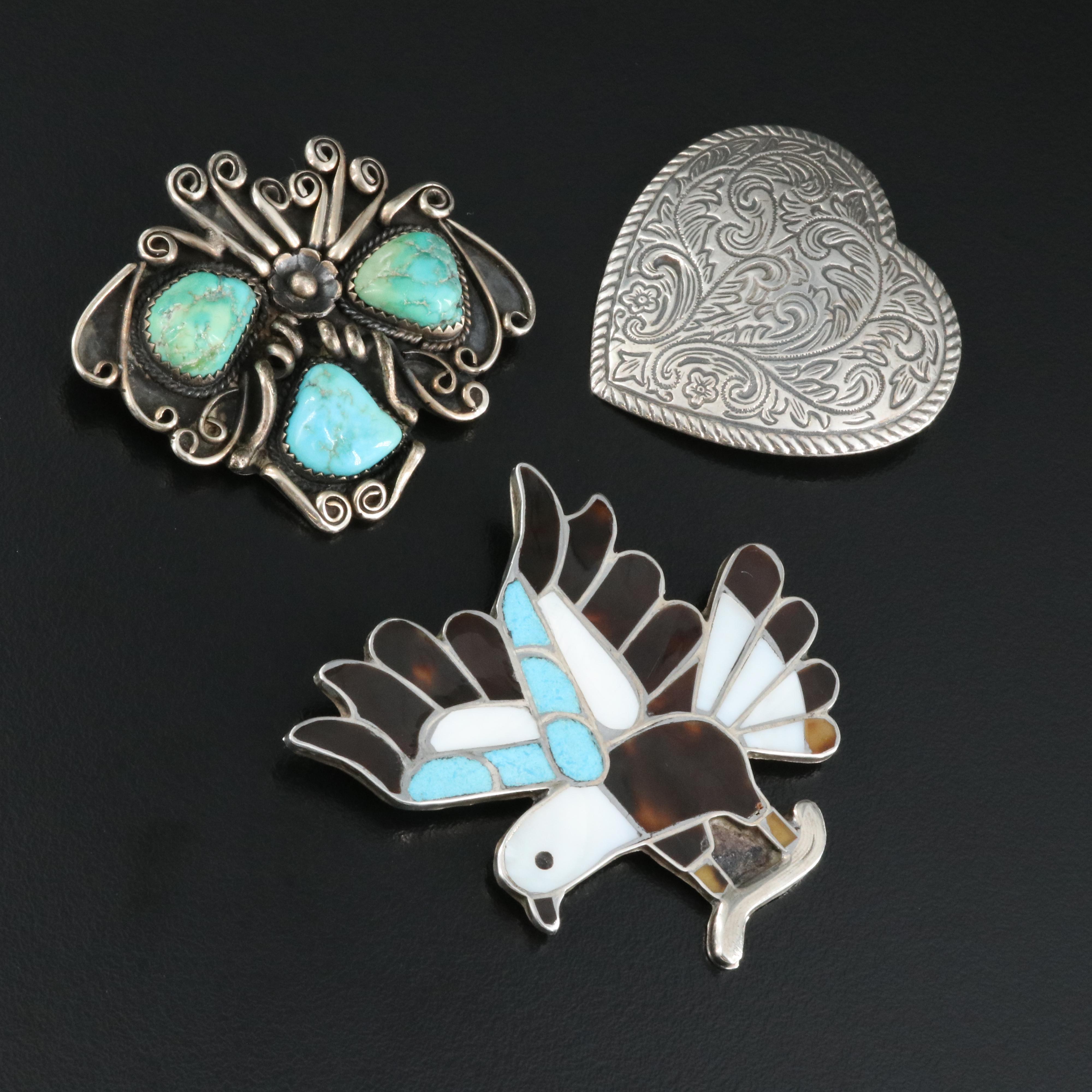 Sterling Brooches Including Tortoise Shell, Mother-of-Pearl and Turquoise