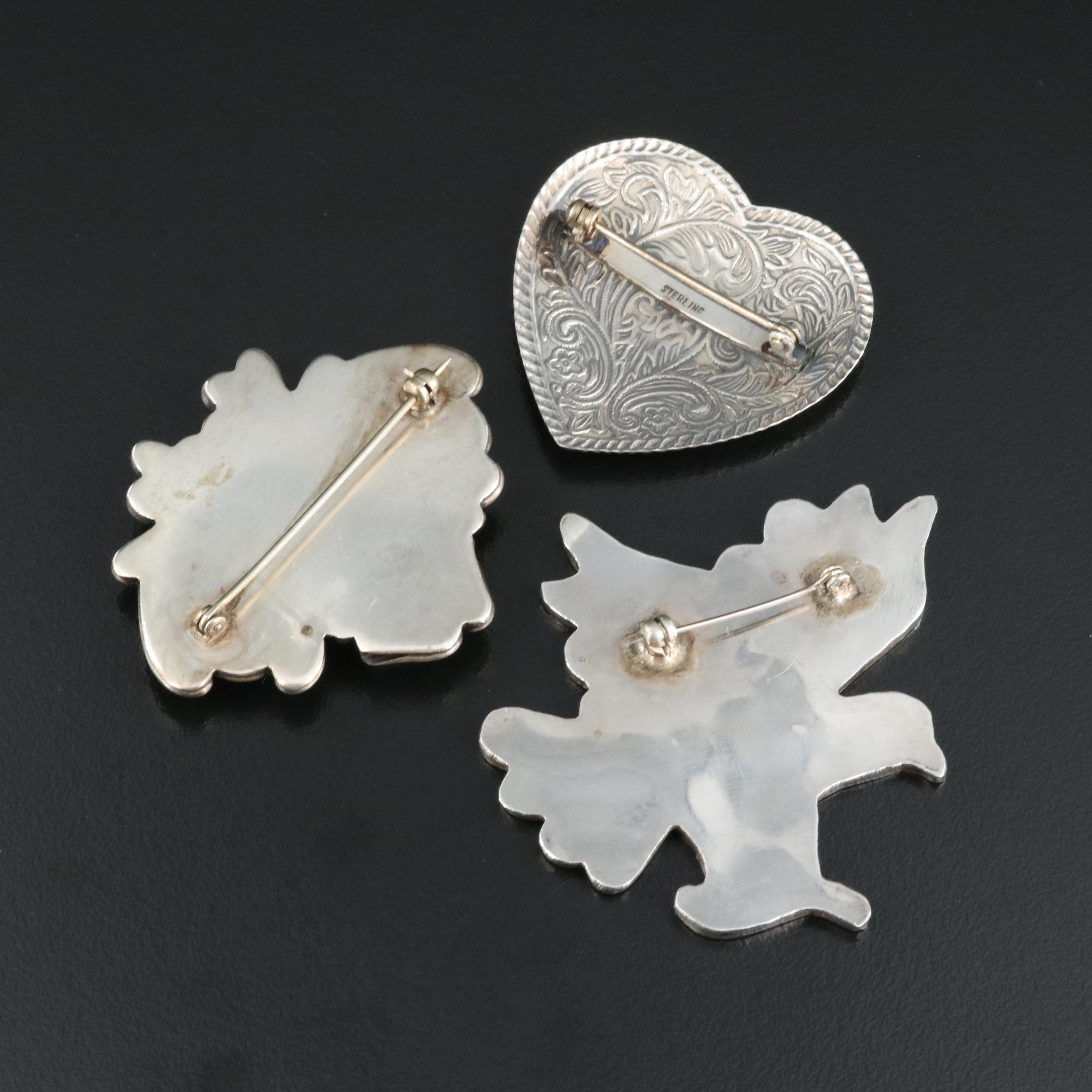 Sterling Brooches Including Tortoise Shell, Mother-of-Pearl and Turquoise