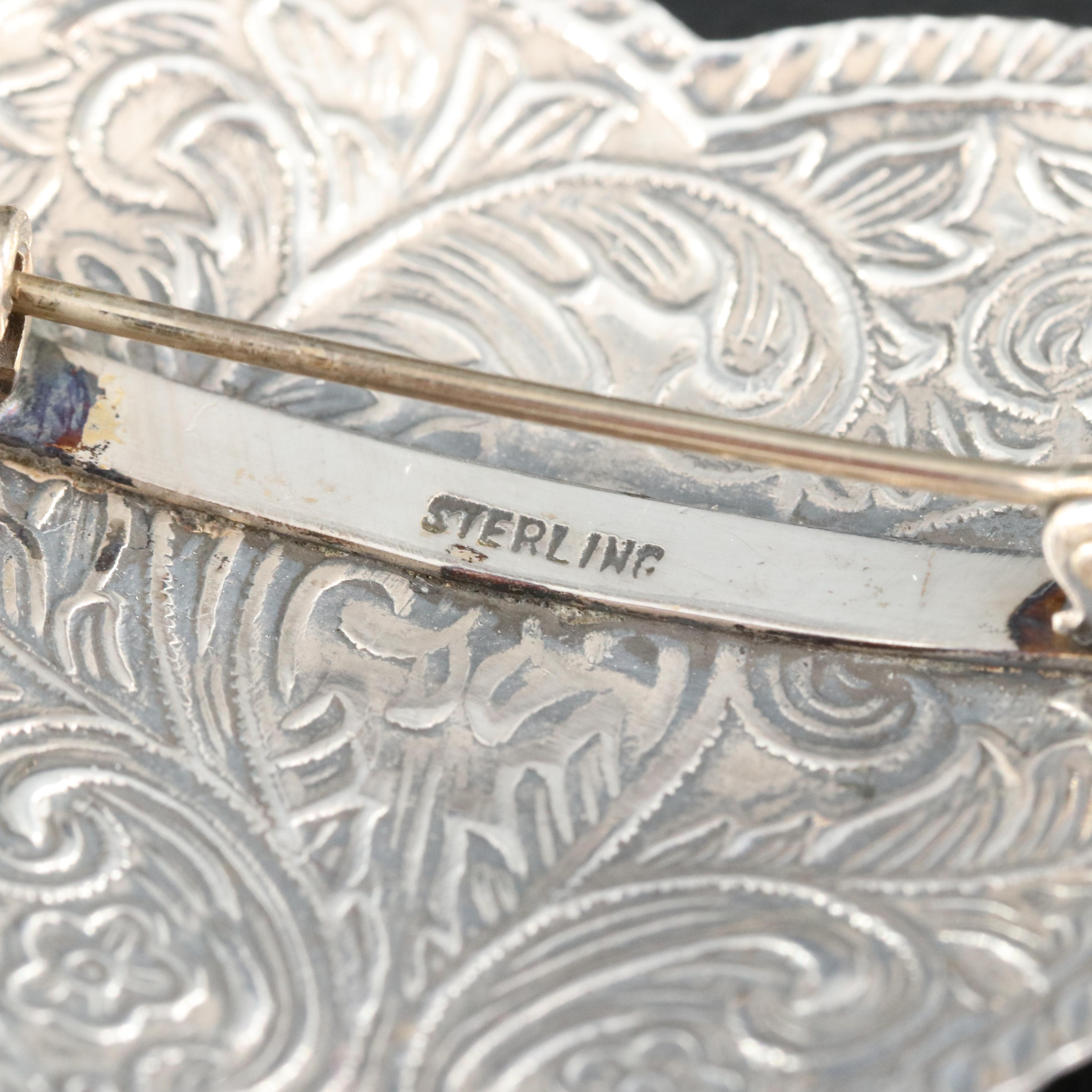 Sterling Brooches Including Tortoise Shell, Mother-of-Pearl and Turquoise