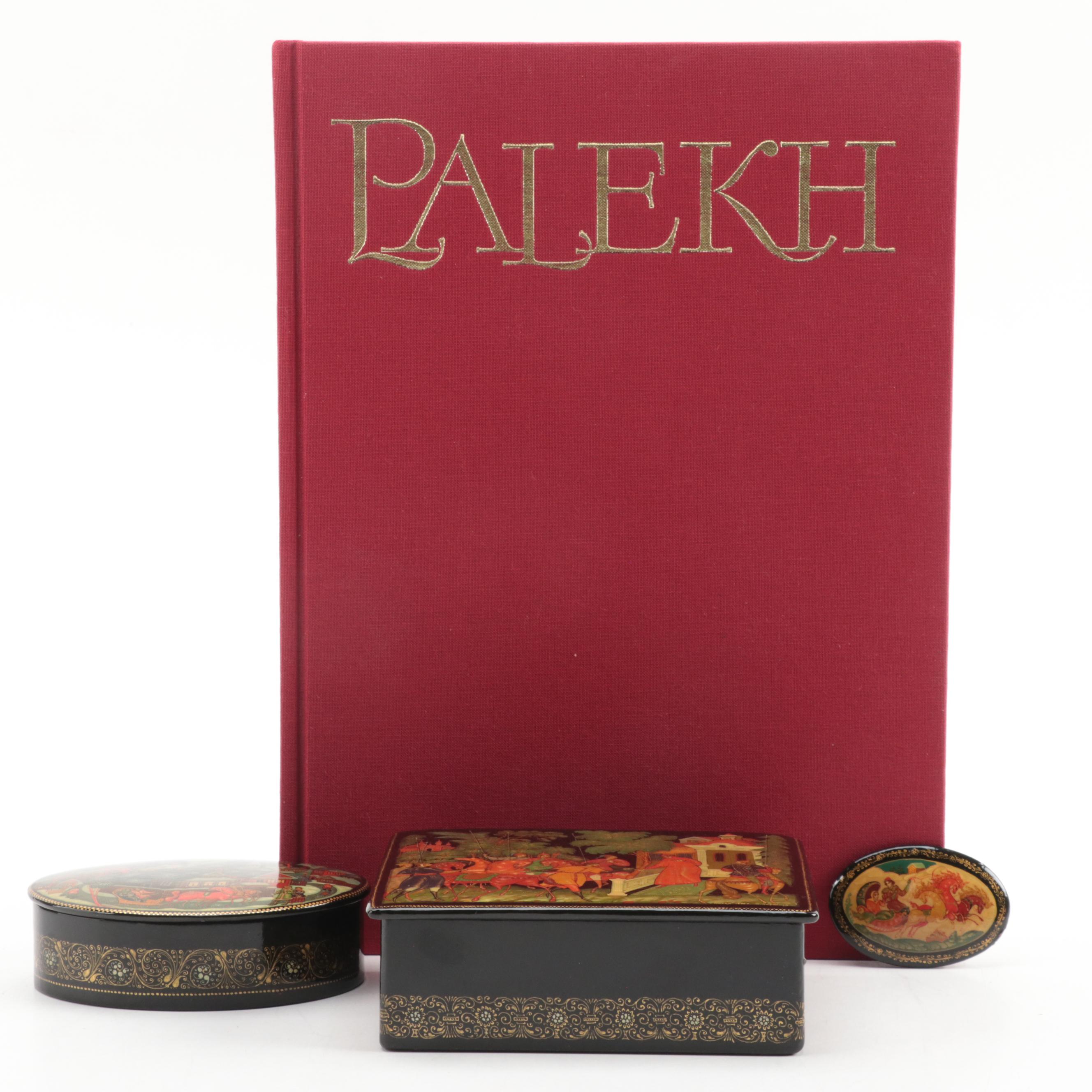 Russian Mstyora Pin With Palekh Troika, Folk Art Lacquerware Boxes and Book