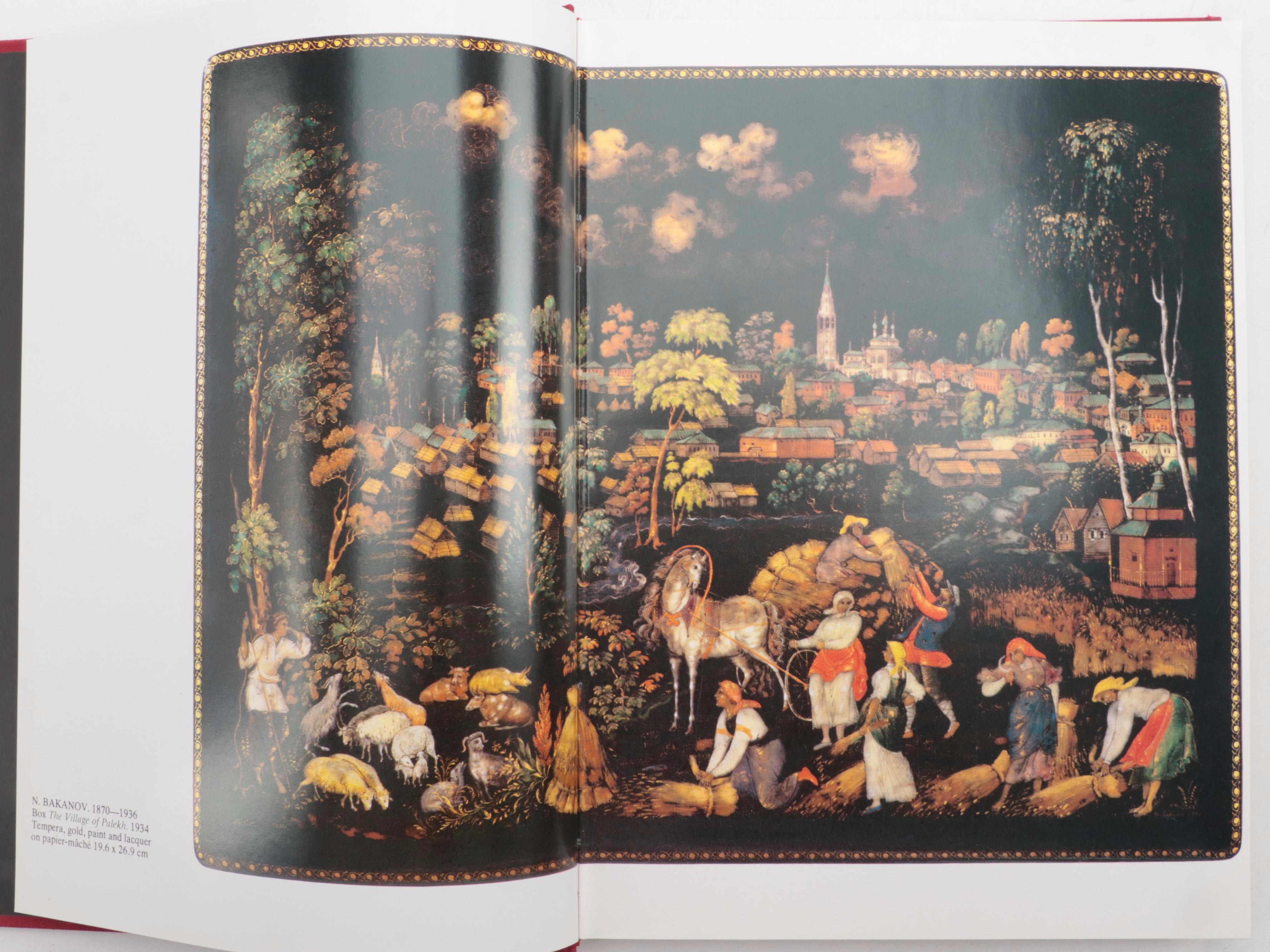 Russian Mstyora Pin With Palekh Troika, Folk Art Lacquerware Boxes and Book