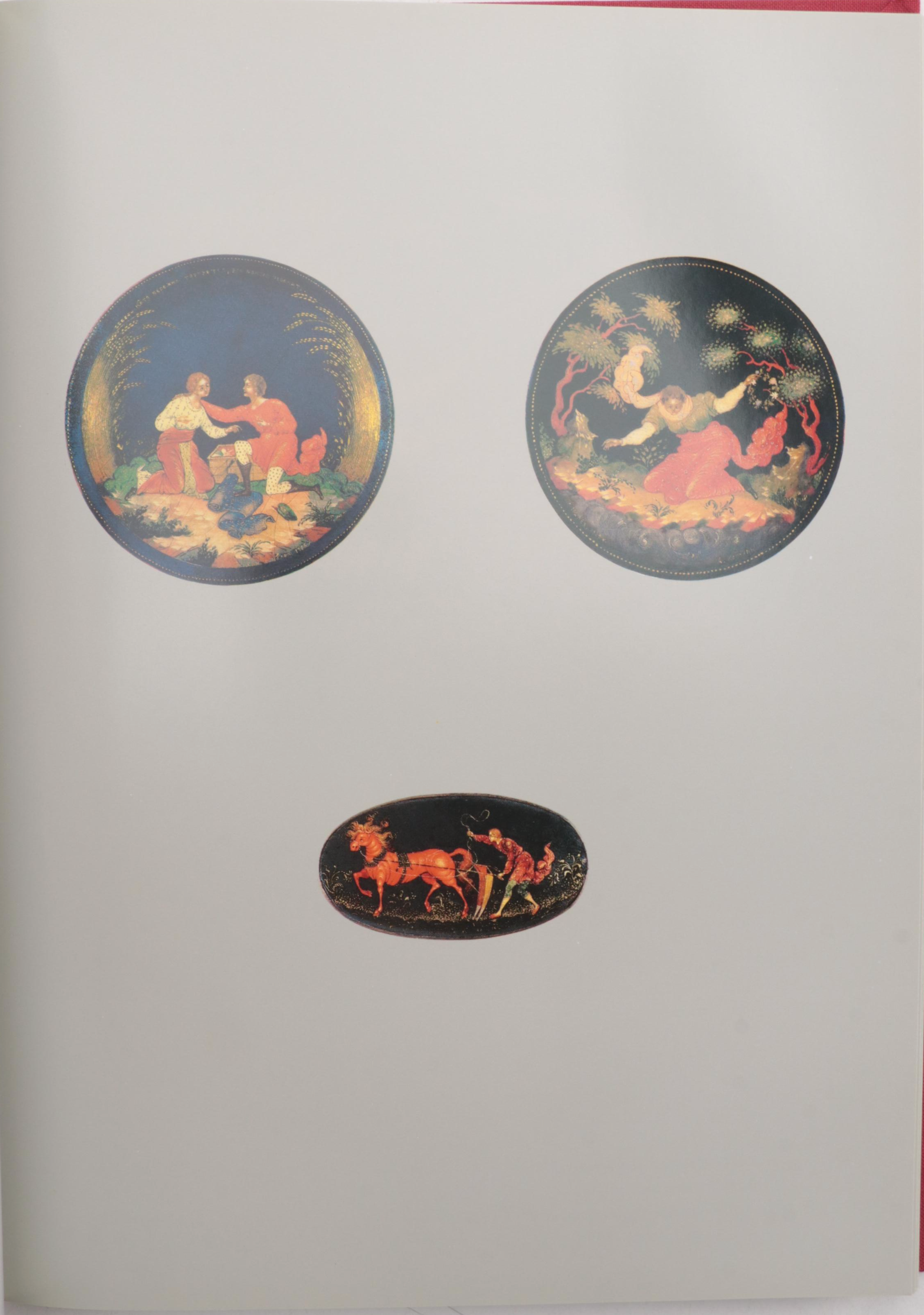 Russian Mstyora Pin With Palekh Troika, Folk Art Lacquerware Boxes and Book