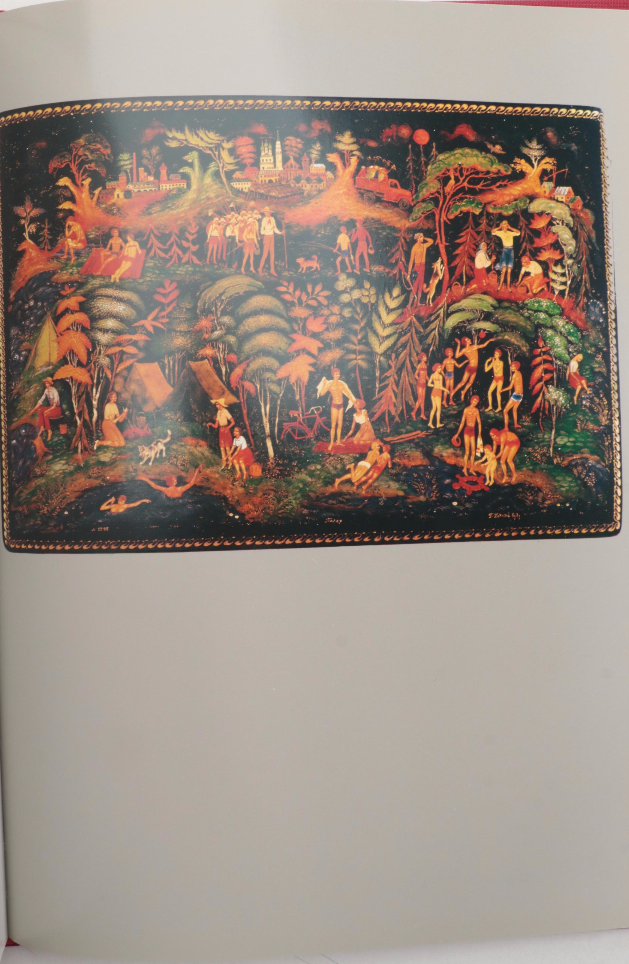 Russian Mstyora Pin With Palekh Troika, Folk Art Lacquerware Boxes and Book