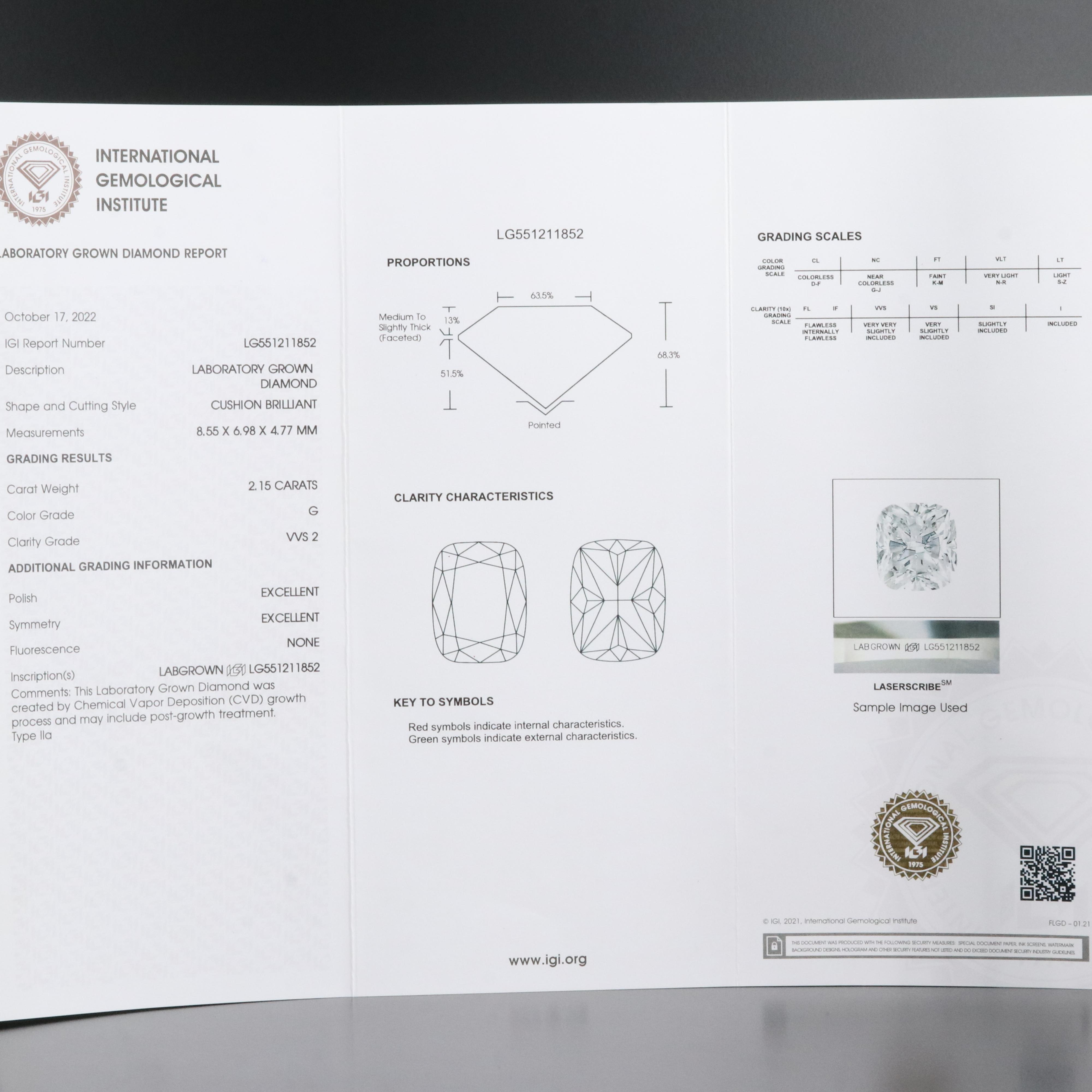 Loose 2.15 CT Lab Grown Diamond with IGI Report