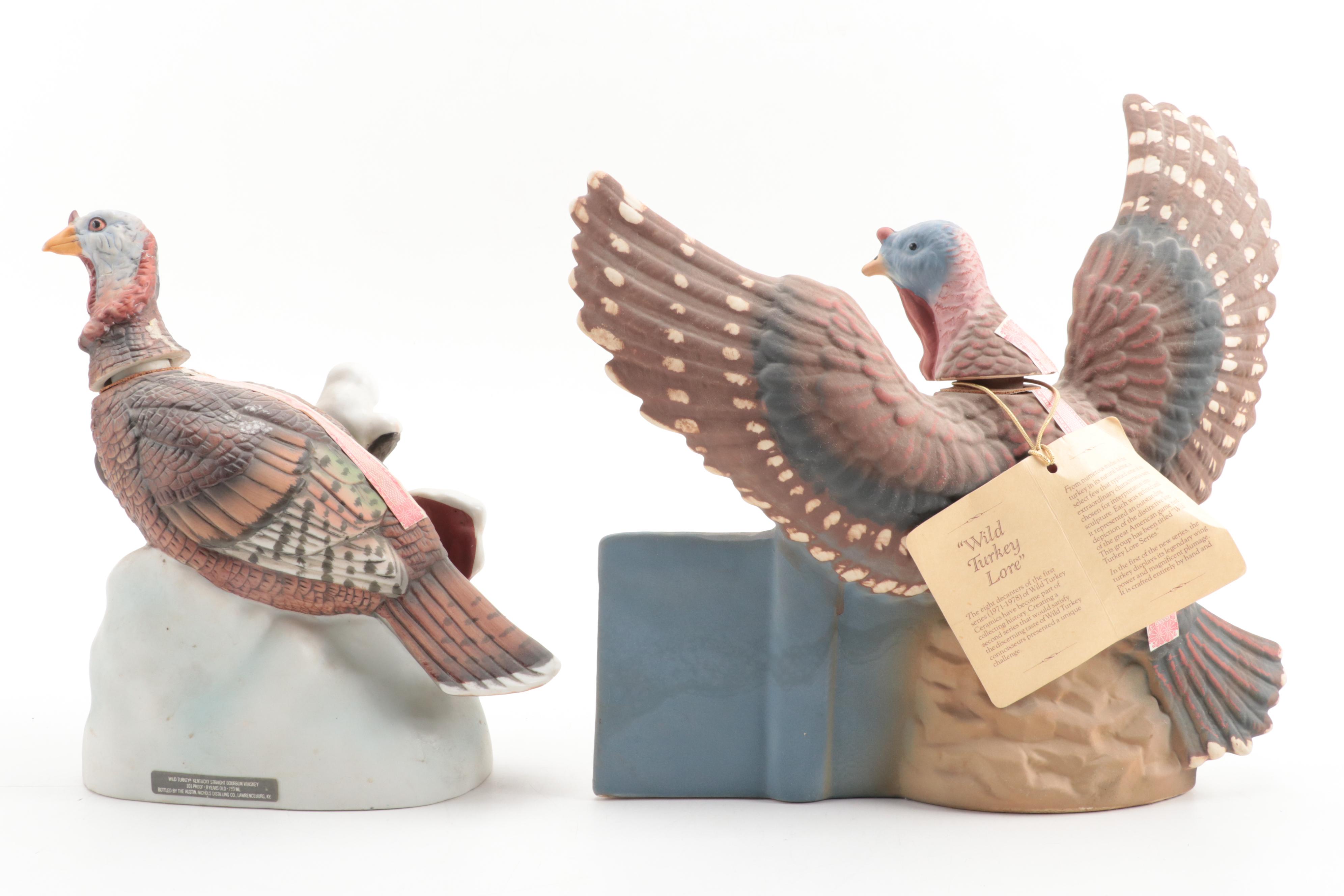Wild Turkey Figural Porcelain Bisque Whiskey Decanters, Late 20th Century
