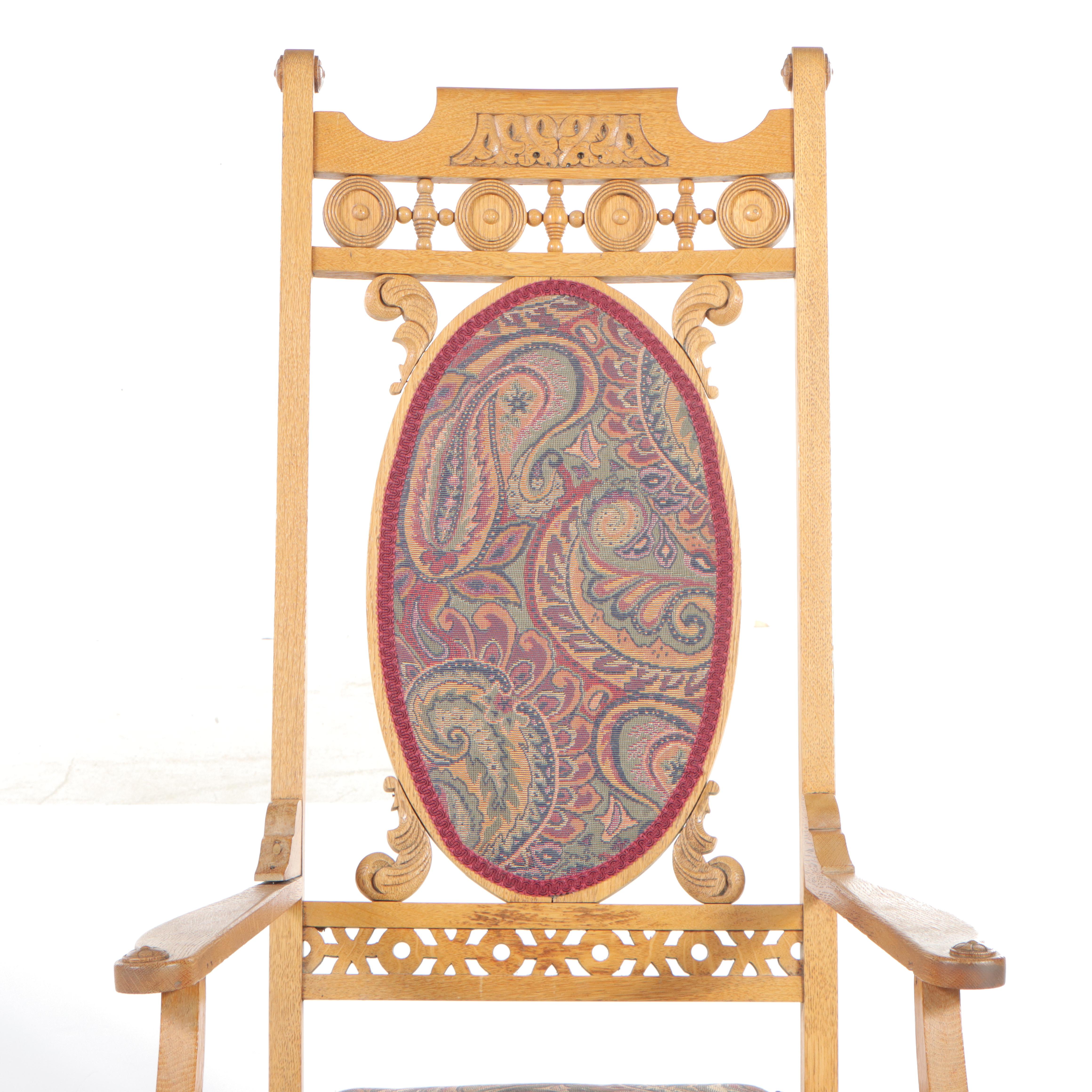 Victorian Carved Oak Rocker Plus Pressed-Back Side Chair