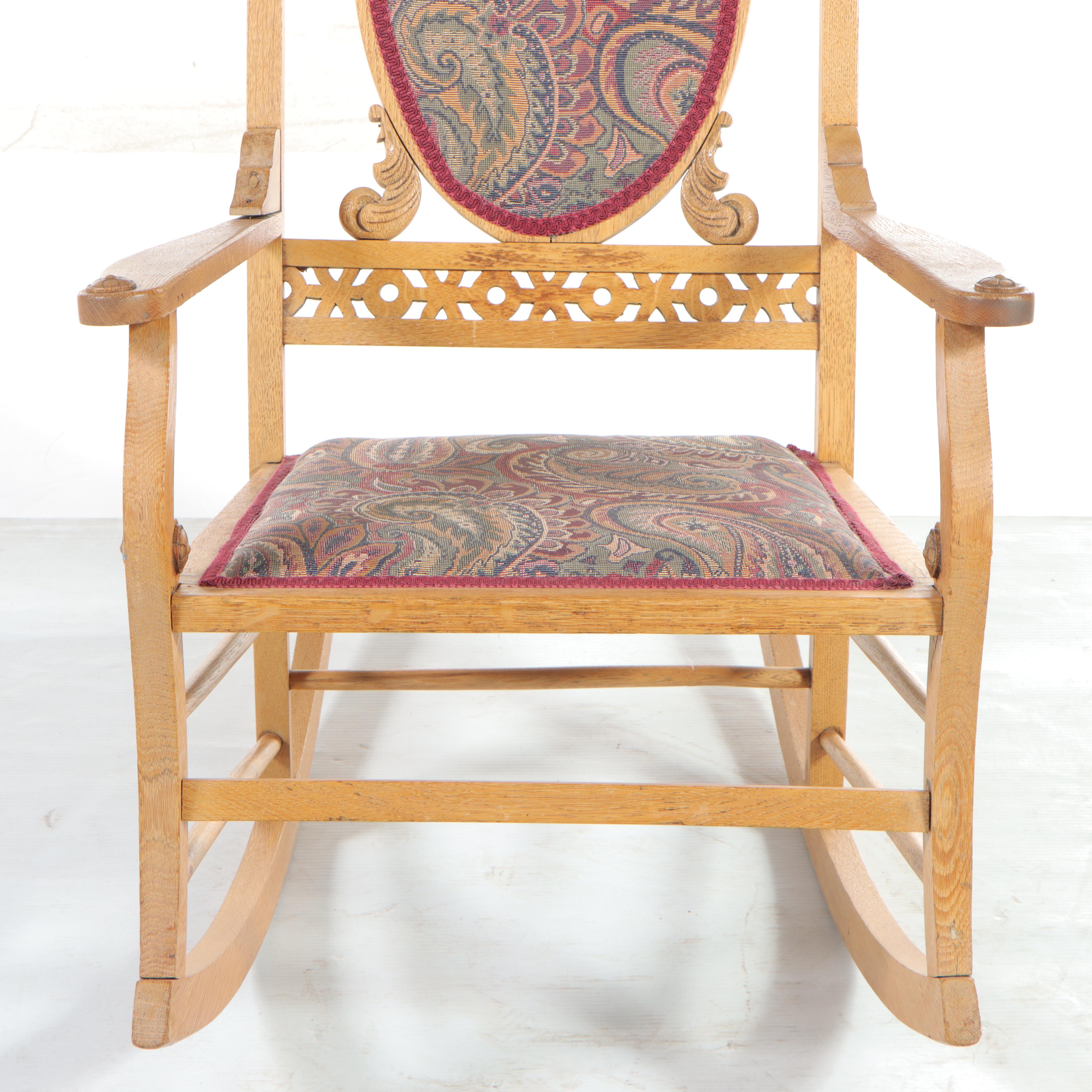 Victorian Carved Oak Rocker Plus Pressed-Back Side Chair