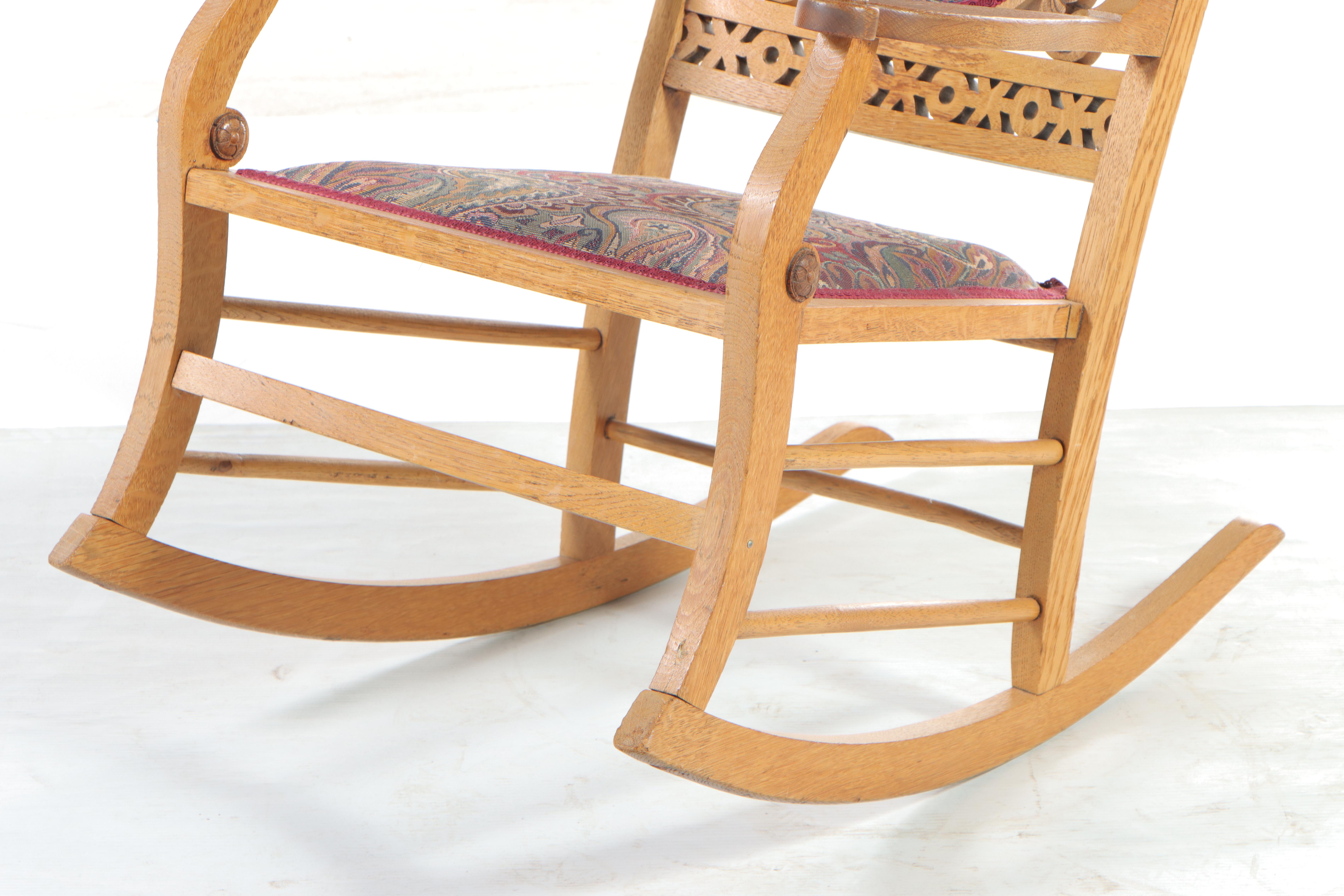 Victorian Carved Oak Rocker Plus Pressed-Back Side Chair