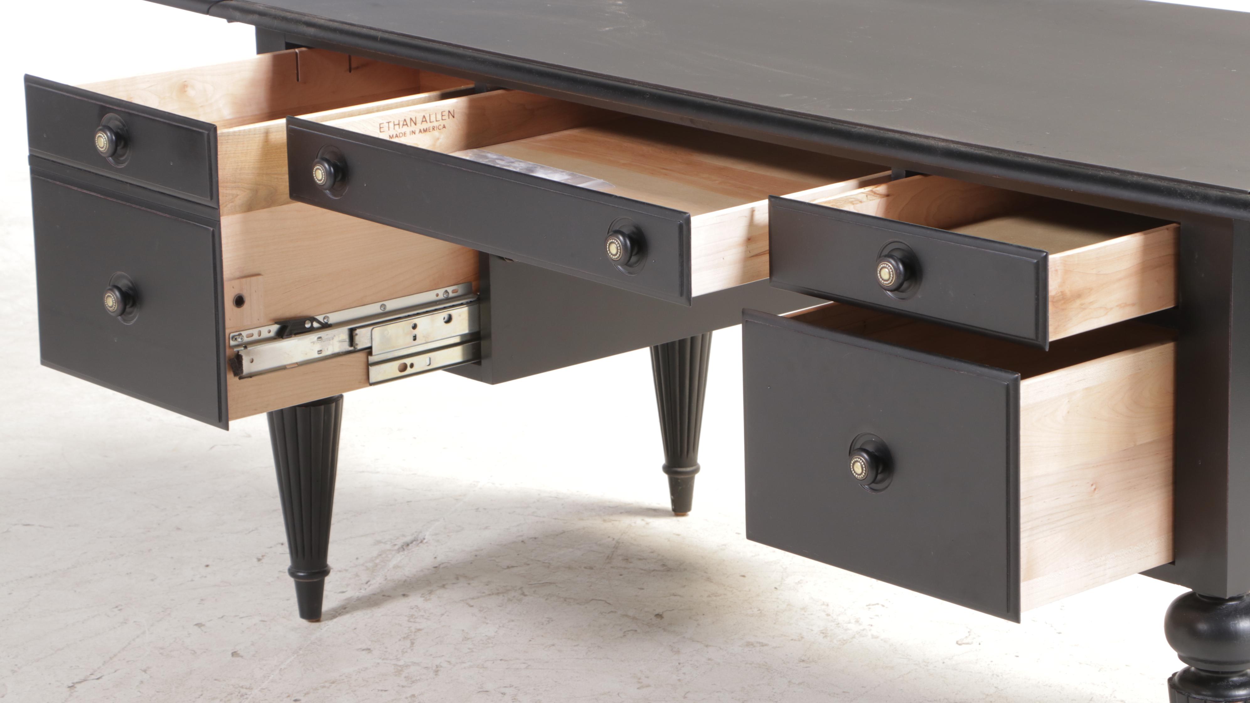 Ethan Allen British Classics "Marshall" Drop-Leaf Desk and Tufted Leather Chair