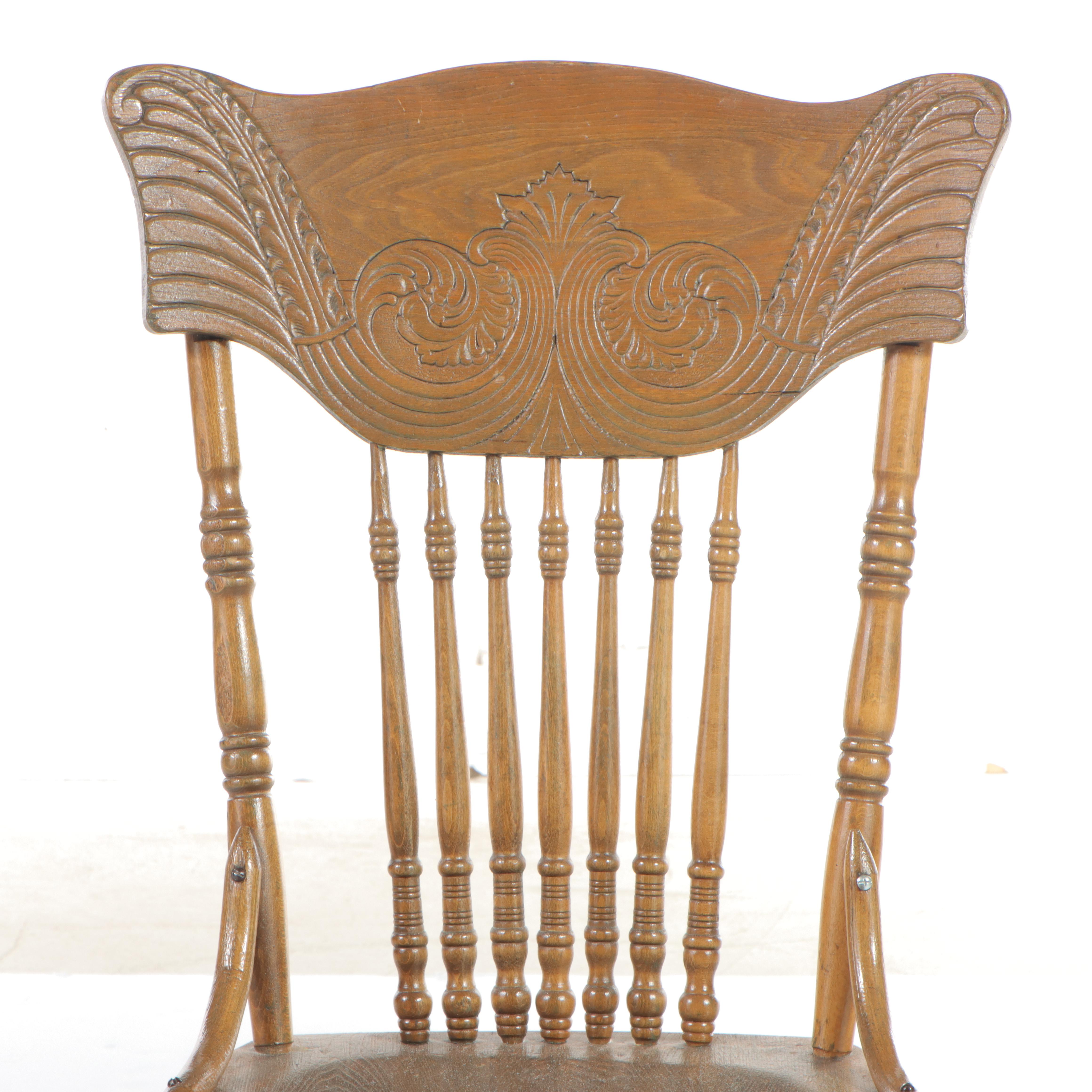 Victorian Carved Oak Rocker Plus Pressed-Back Side Chair