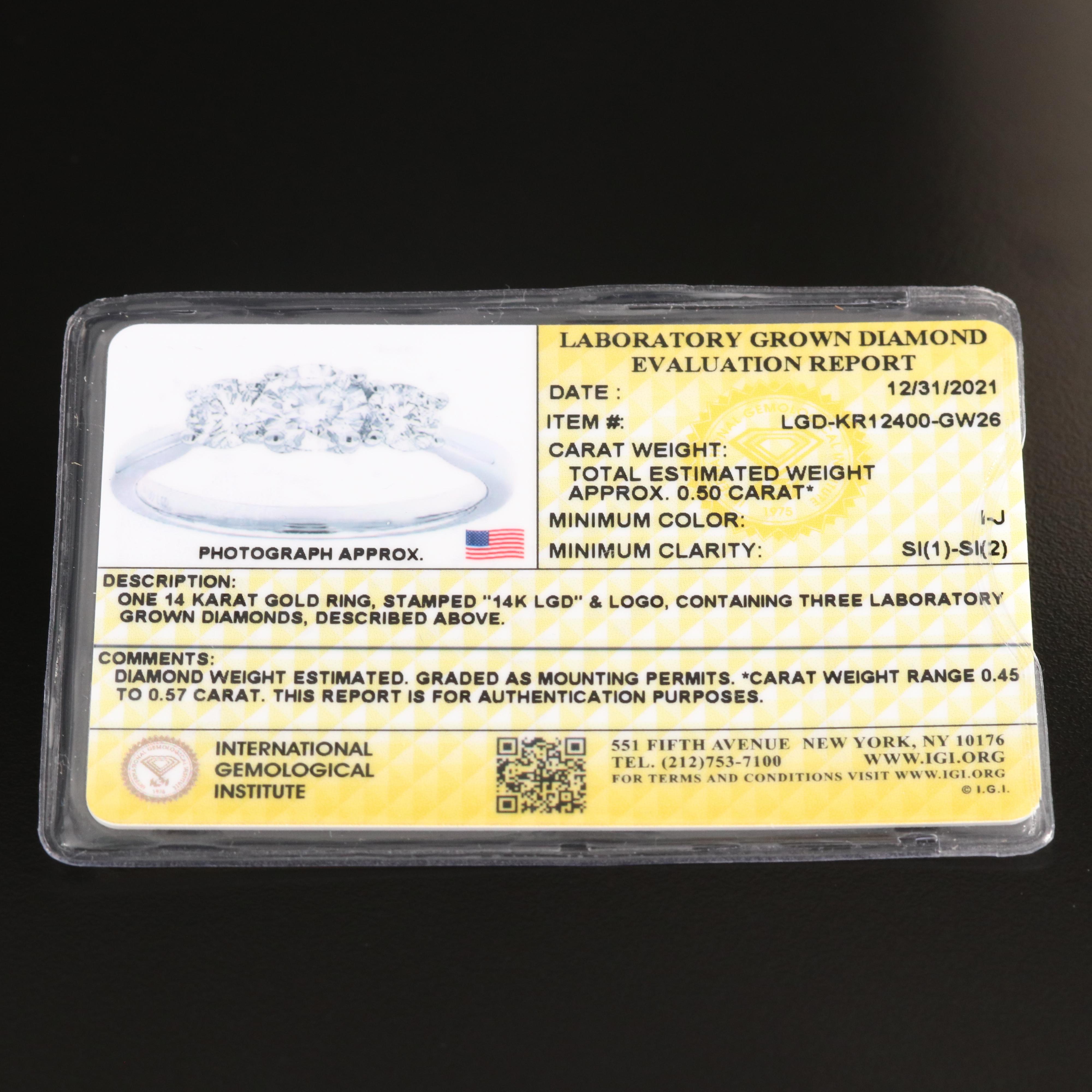 14K 0.53 CTW Lab Grown Diamond Three Stone Ring with IGI Report