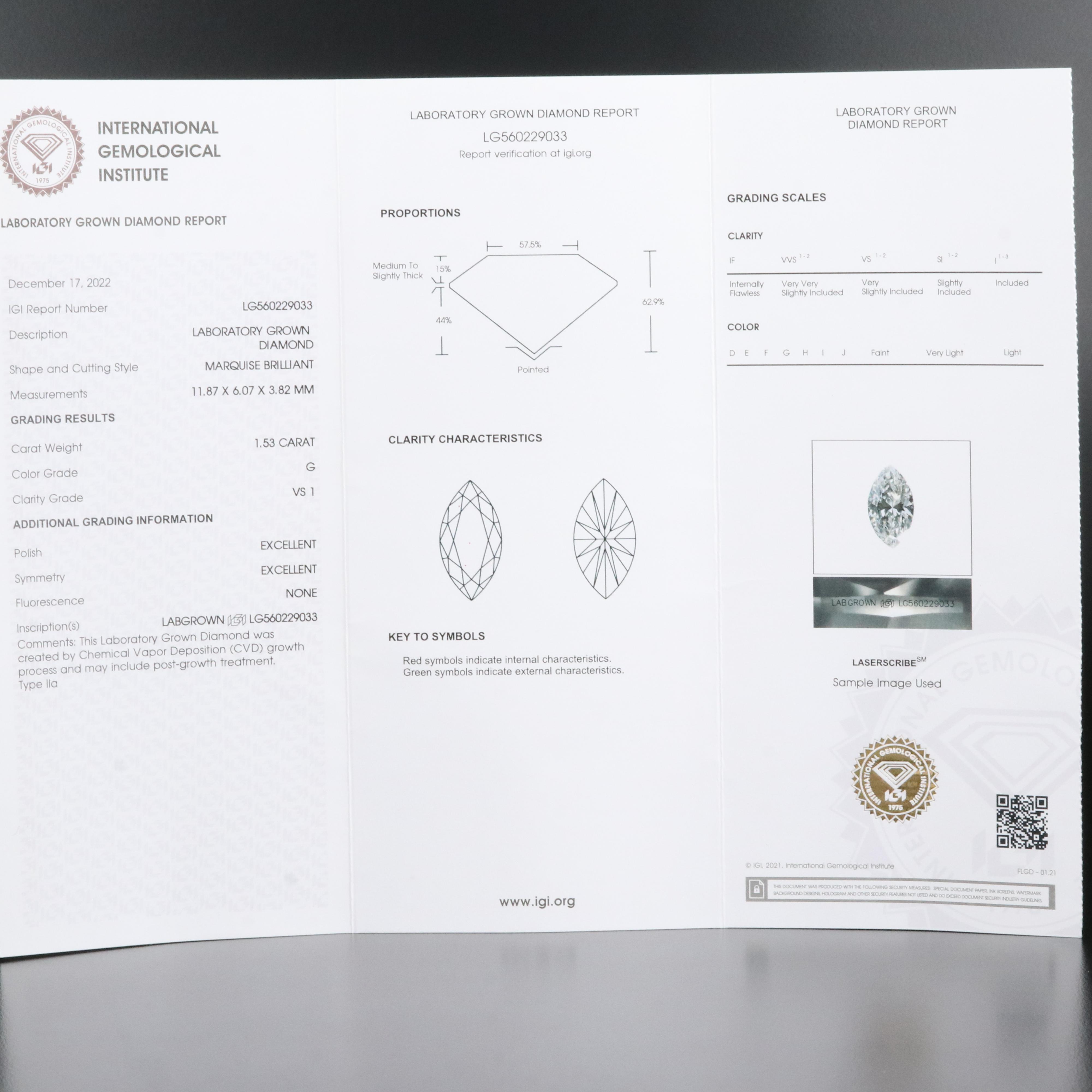 Loose 1.53 CT Lab Grown Diamond with IGI Report