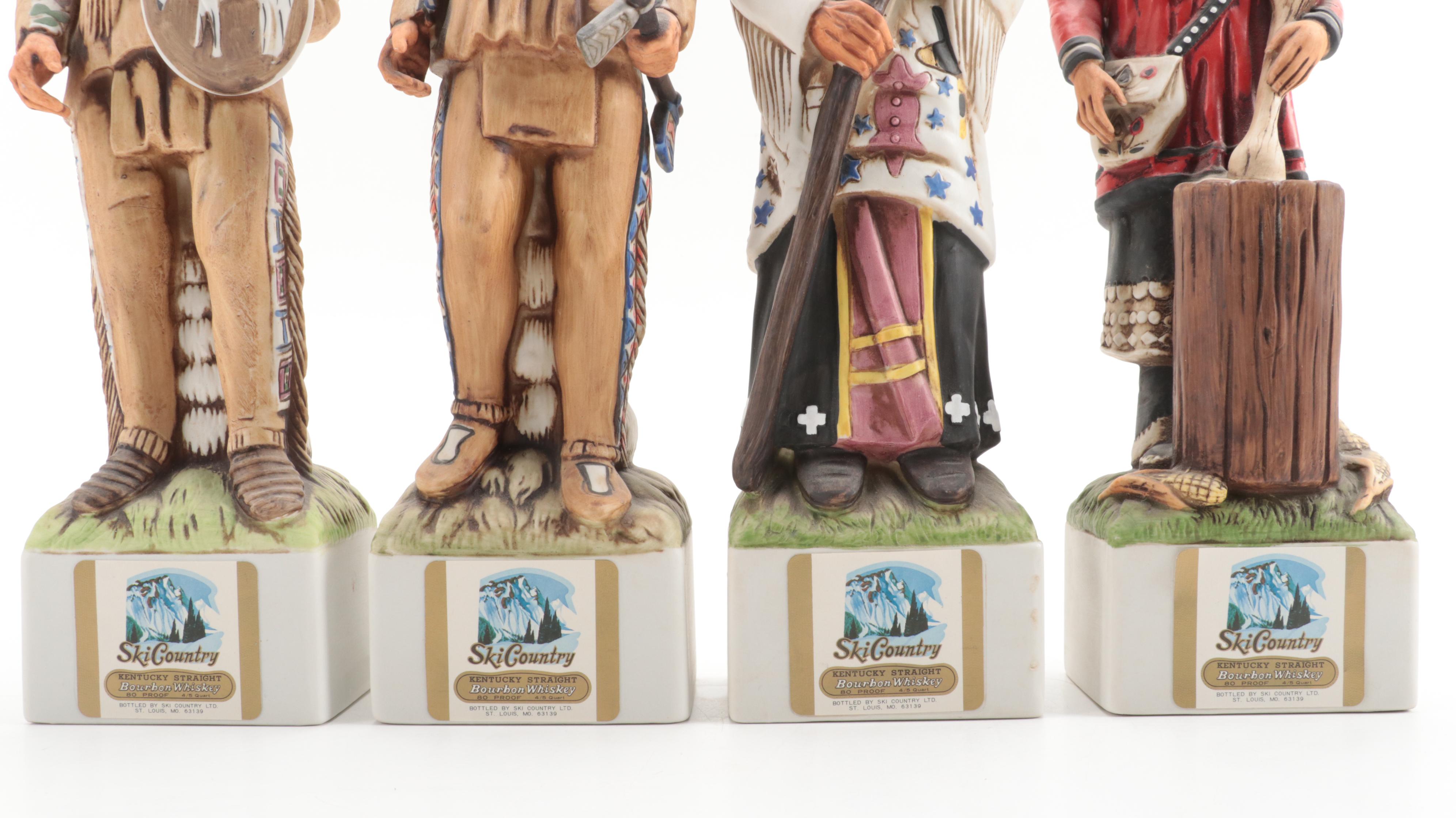 Ski Country Figural Porcelain Bisque Bourbon Decanters, Late 20th Century