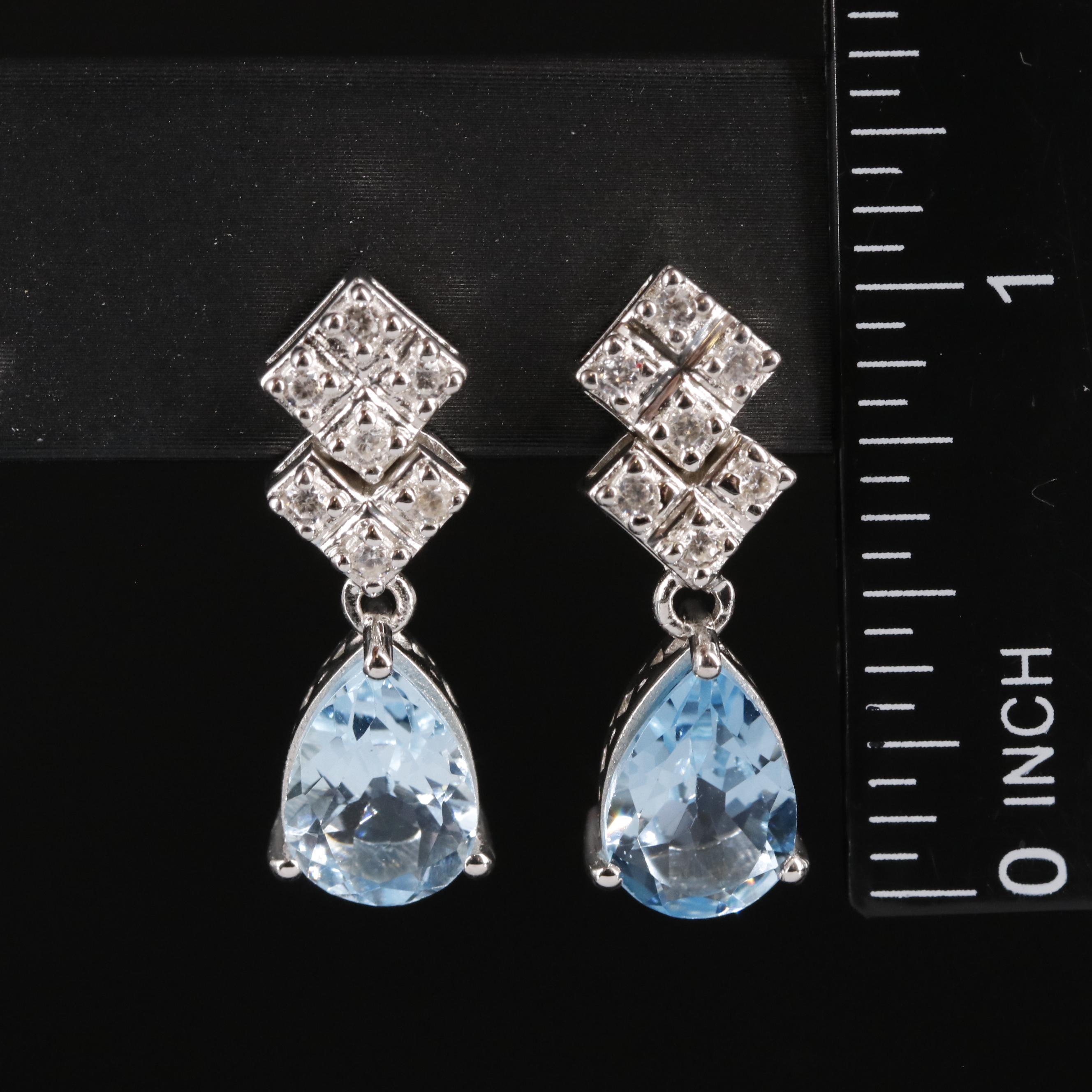 Sterling Blue Topaz and White Zircon Drop Earrings