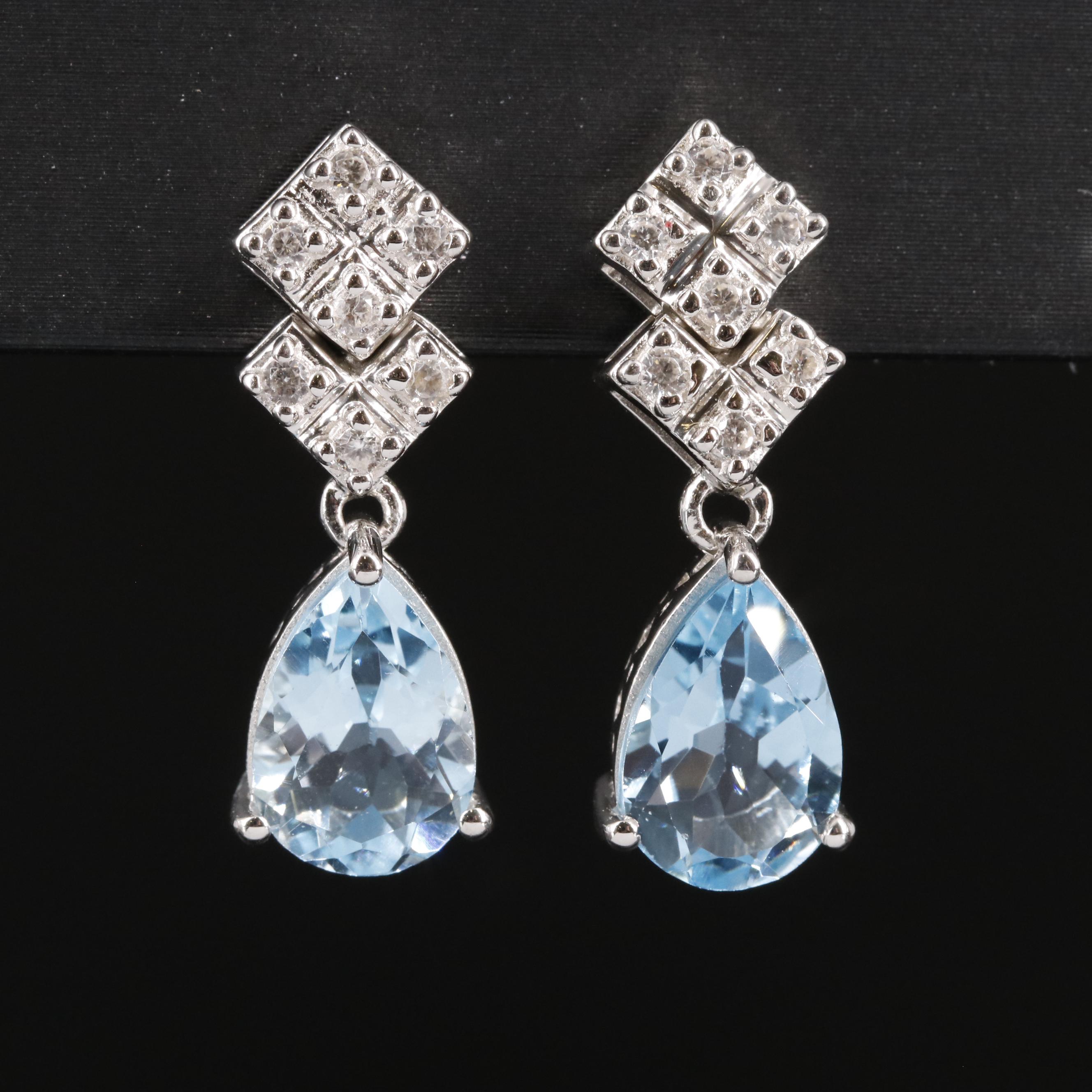 Sterling Blue Topaz and White Zircon Drop Earrings