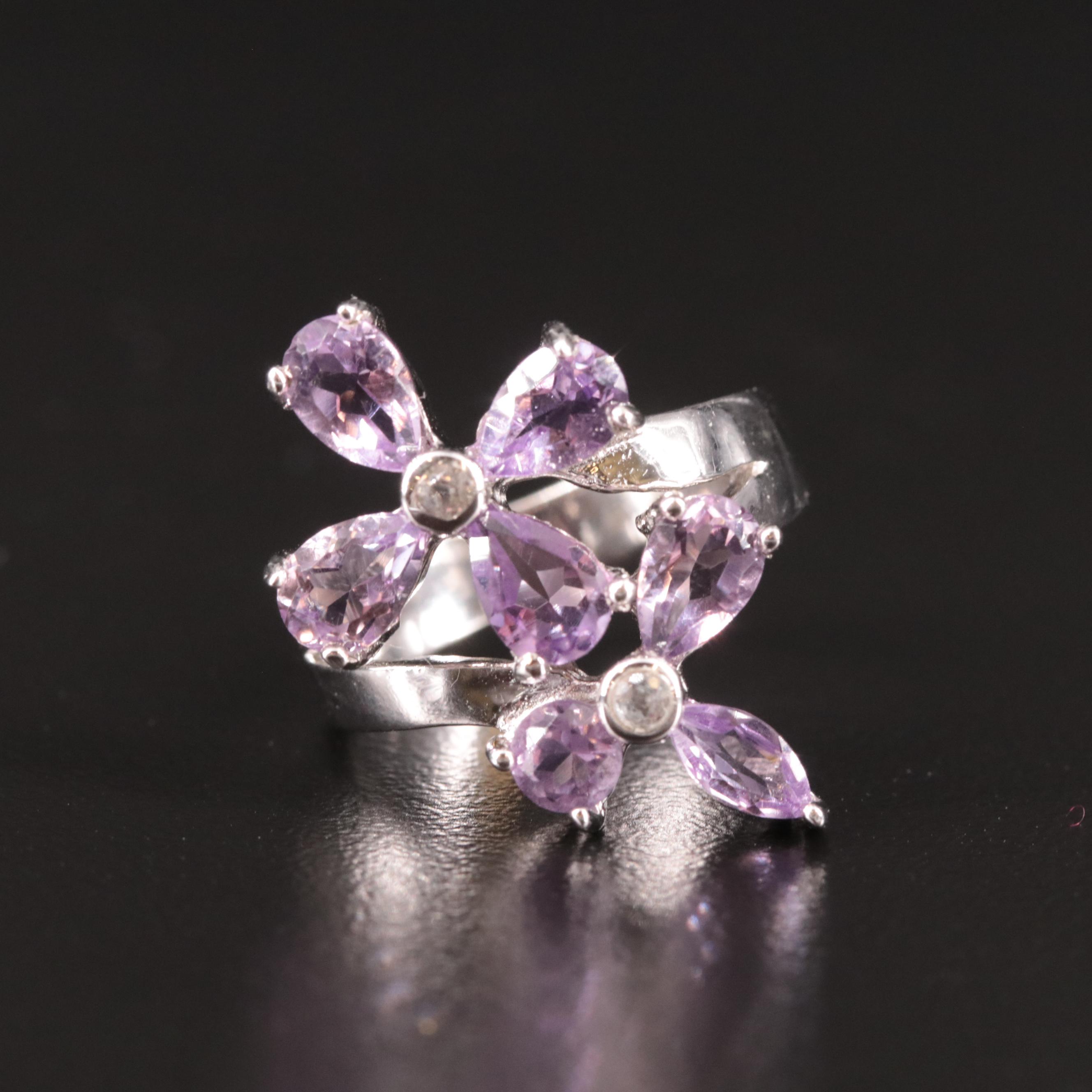 Sterling, Amethyst and Blue Topaz Floral Ring