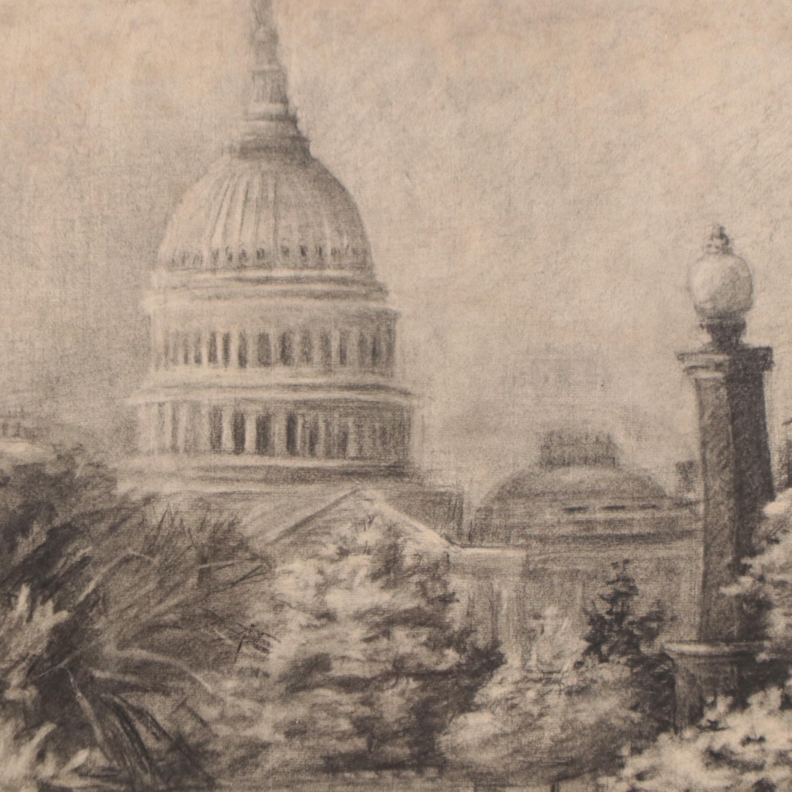 Double-Sided Charcoal Drawing of Statue and United States Capitol