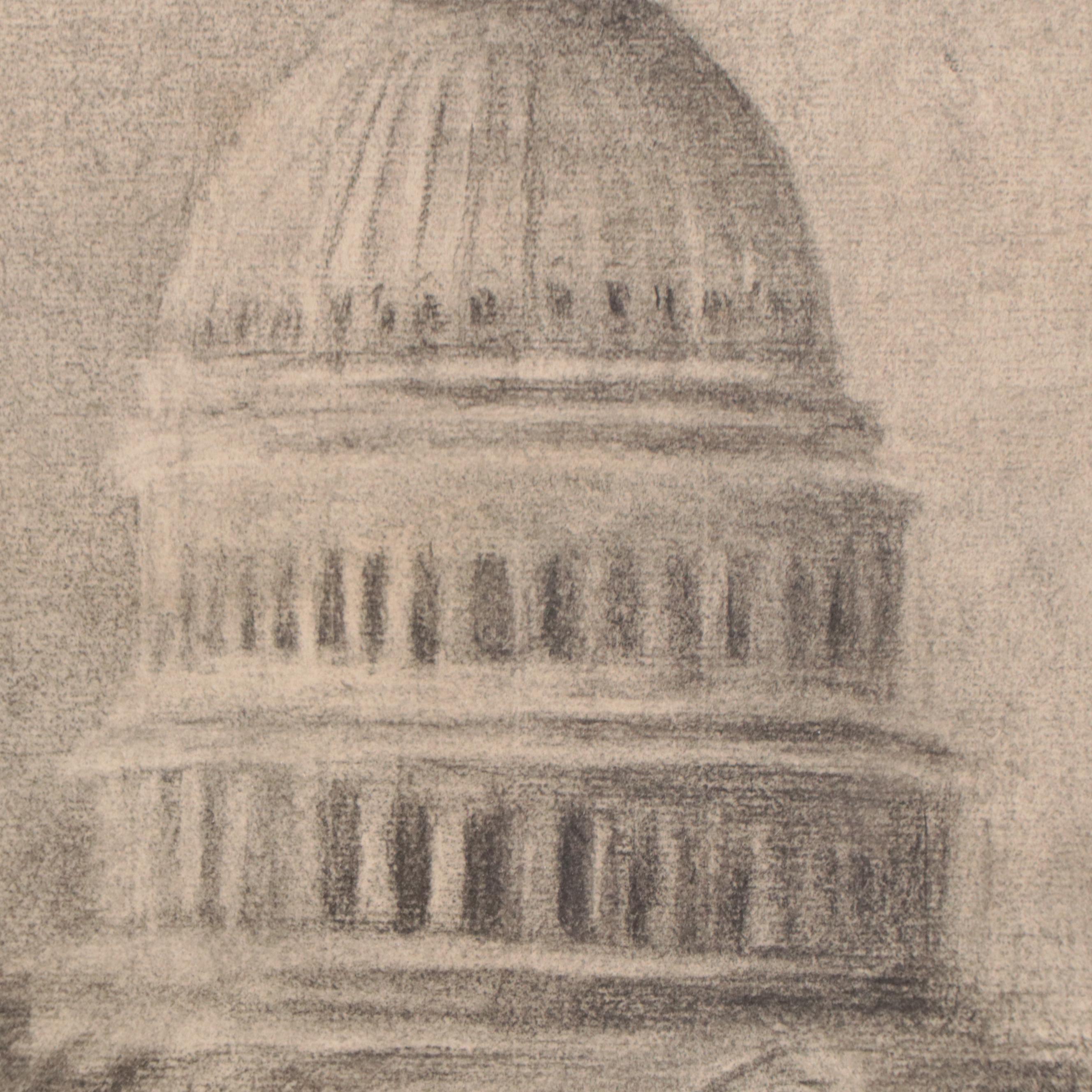 Double-Sided Charcoal Drawing of Statue and United States Capitol