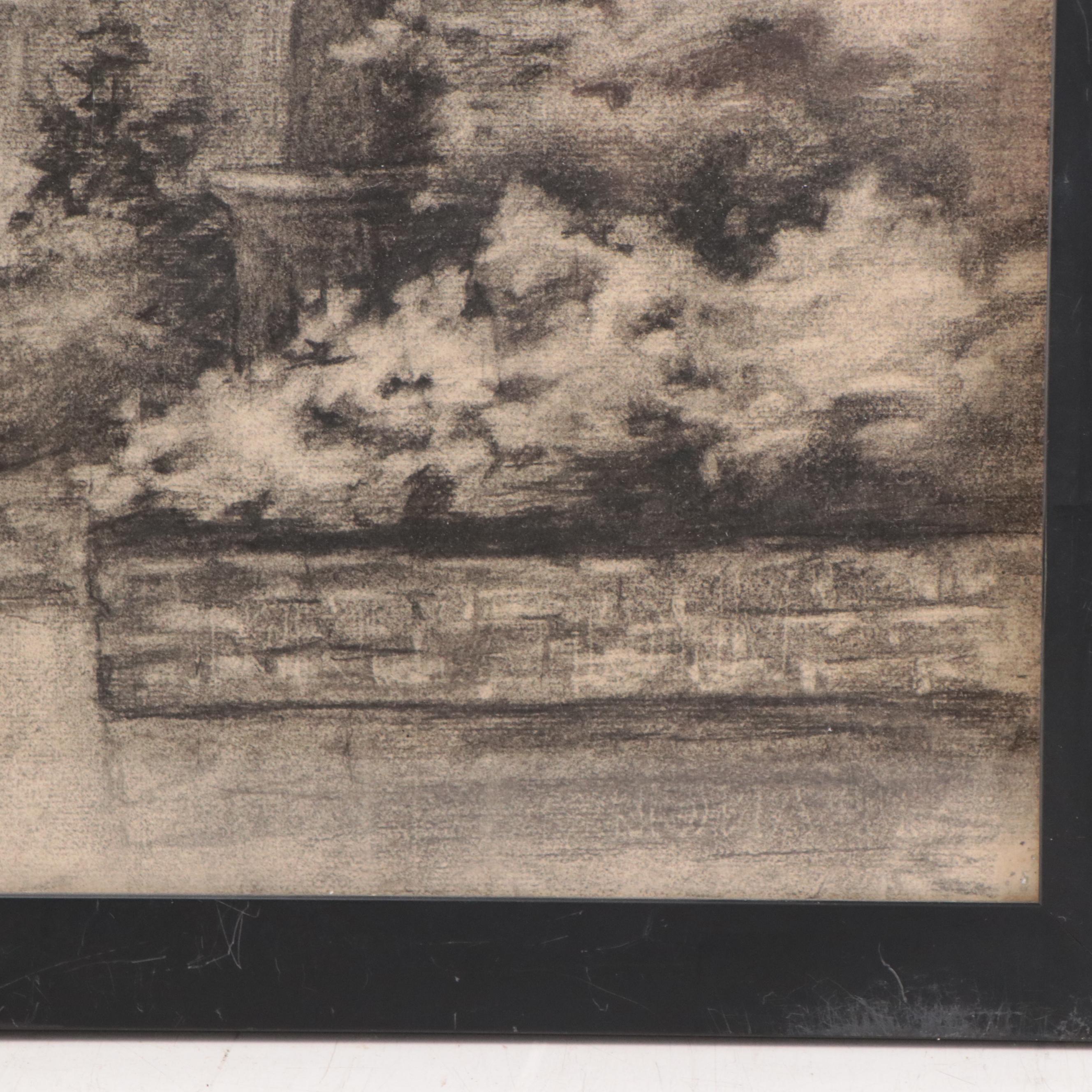 Double-Sided Charcoal Drawing of Statue and United States Capitol