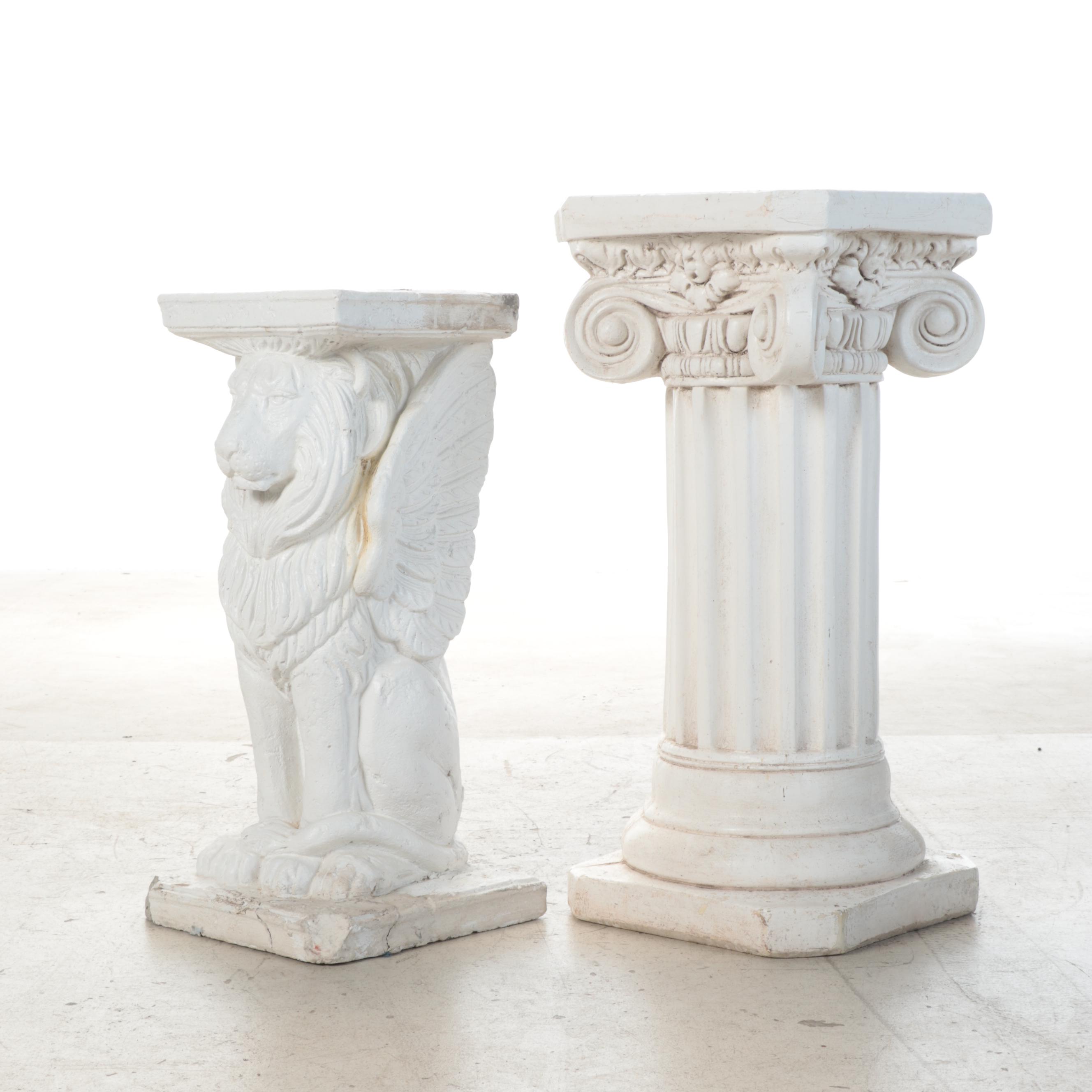 Plaster Column Pedestal with Concrete Garden Statues
