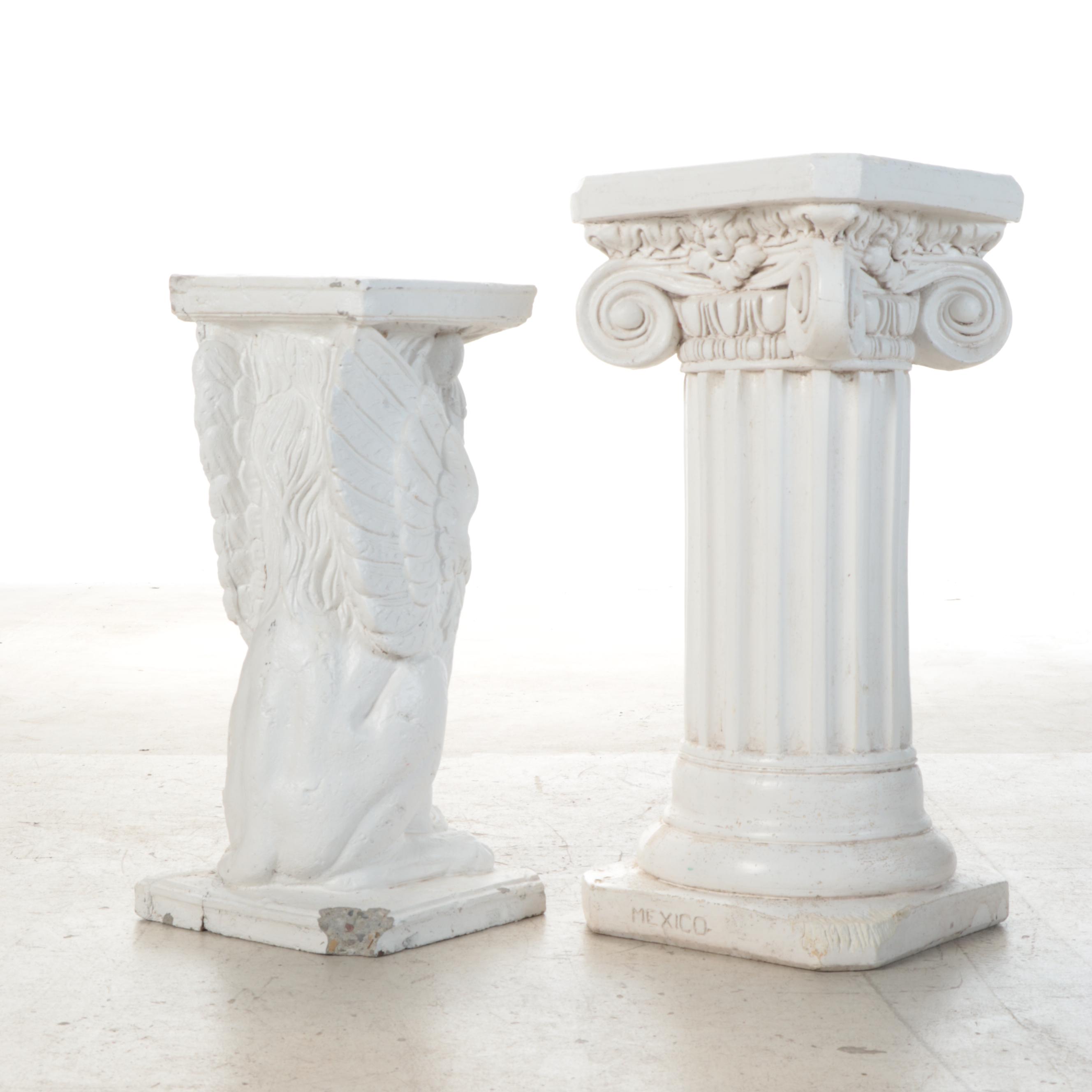 Plaster Column Pedestal with Concrete Garden Statues