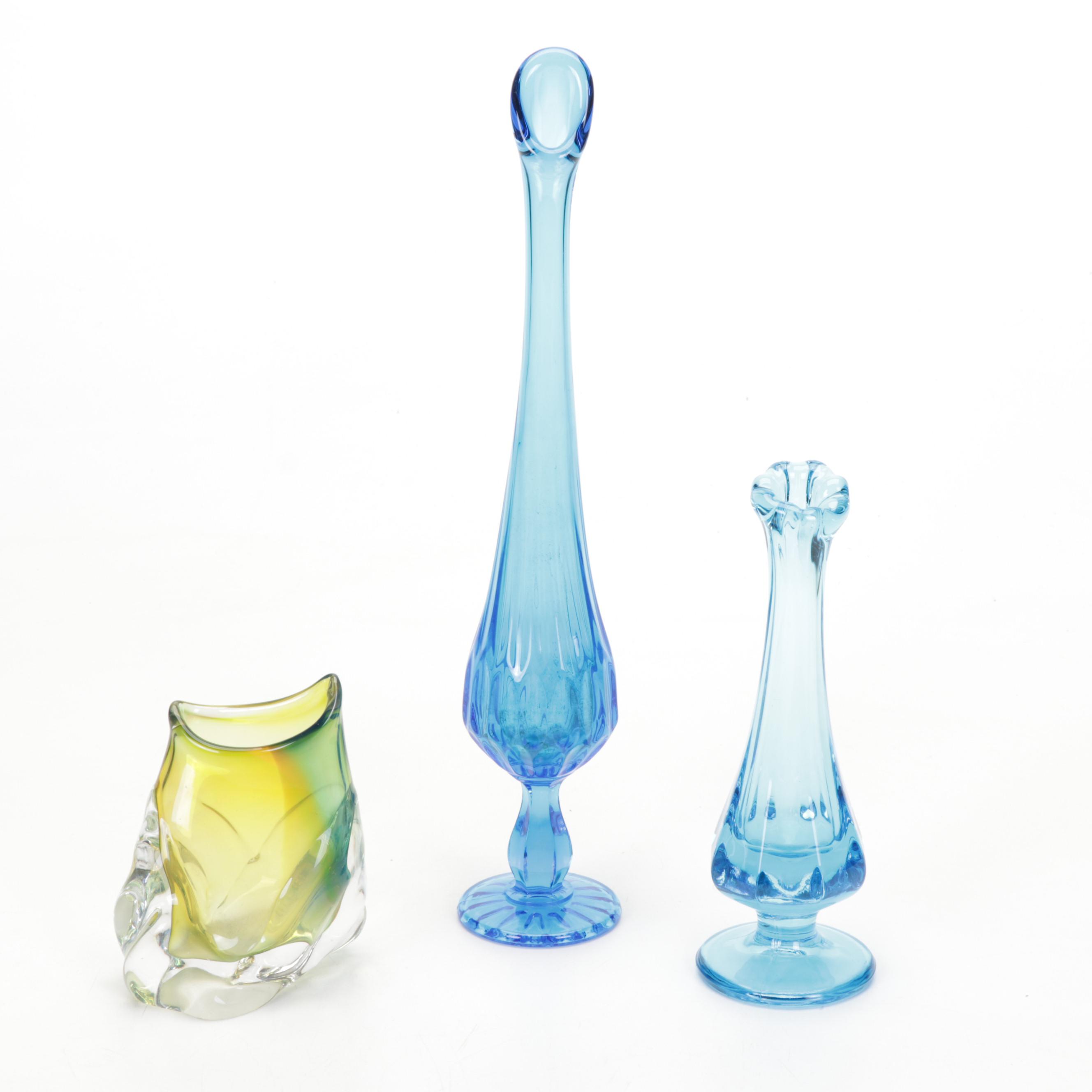 Fostoria Bowl, Fenton Vases, Lobster Tile, Blown Glass Fish, and Ceramic Fruit