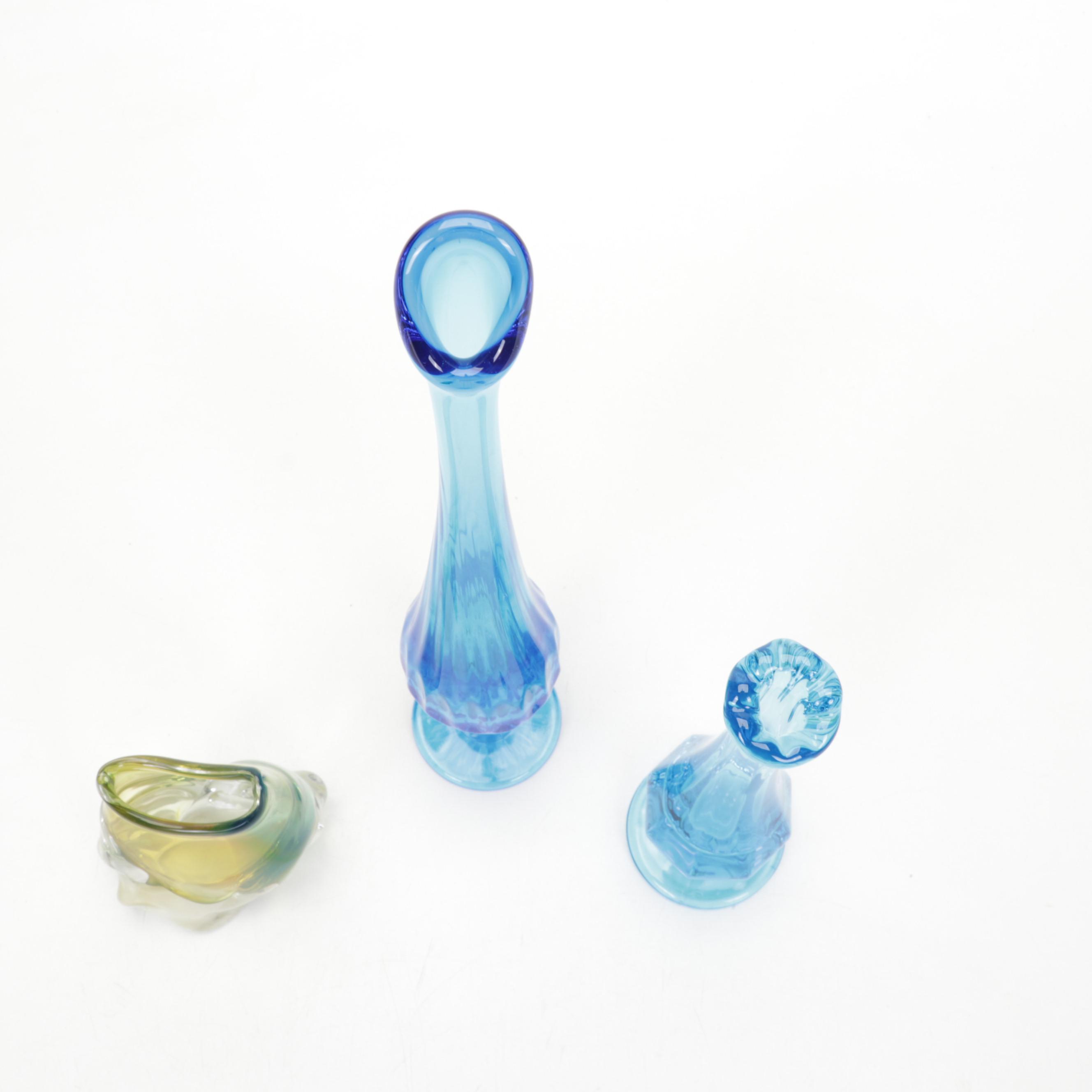 Fostoria Bowl, Fenton Vases, Lobster Tile, Blown Glass Fish, and Ceramic Fruit