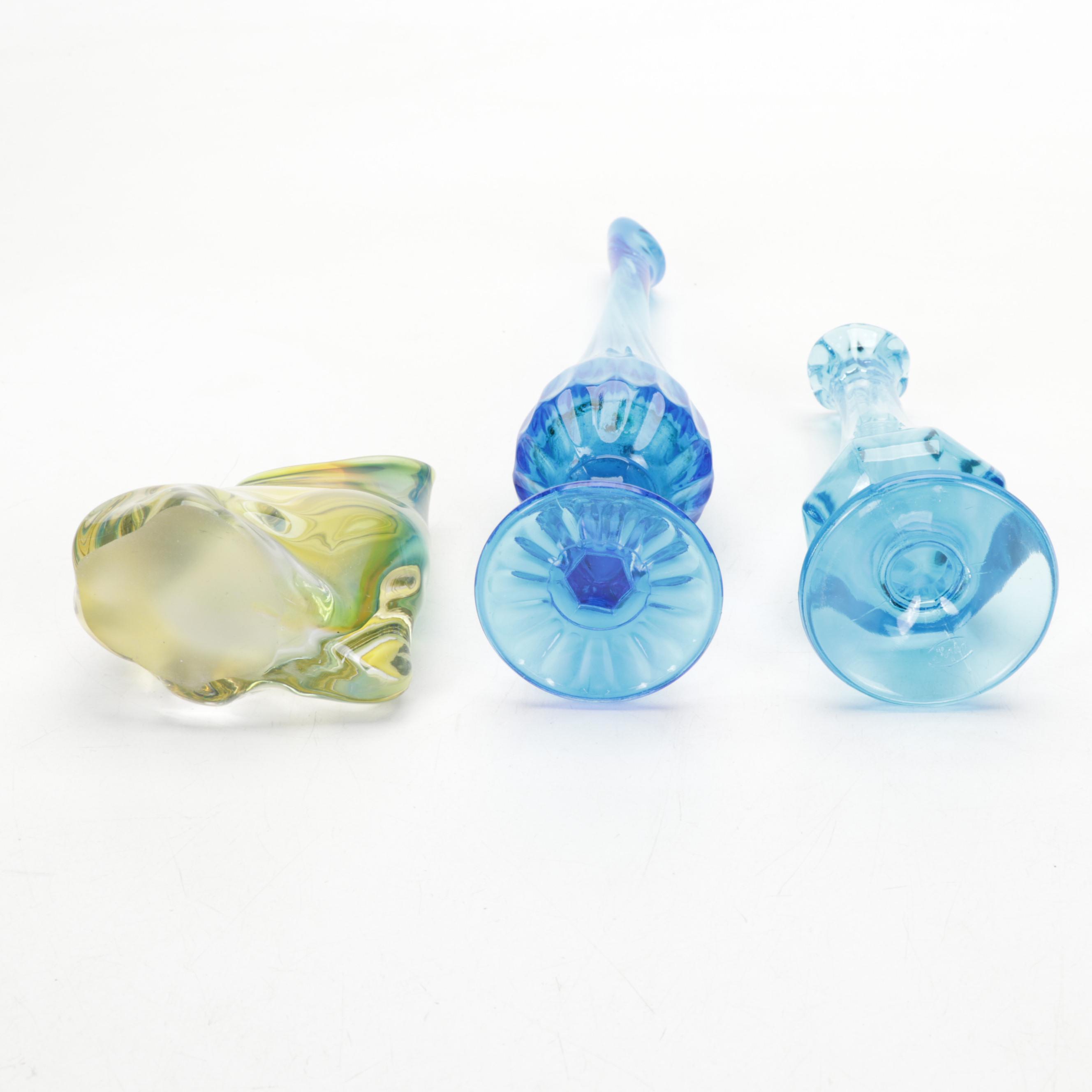 Fostoria Bowl, Fenton Vases, Lobster Tile, Blown Glass Fish, and Ceramic Fruit