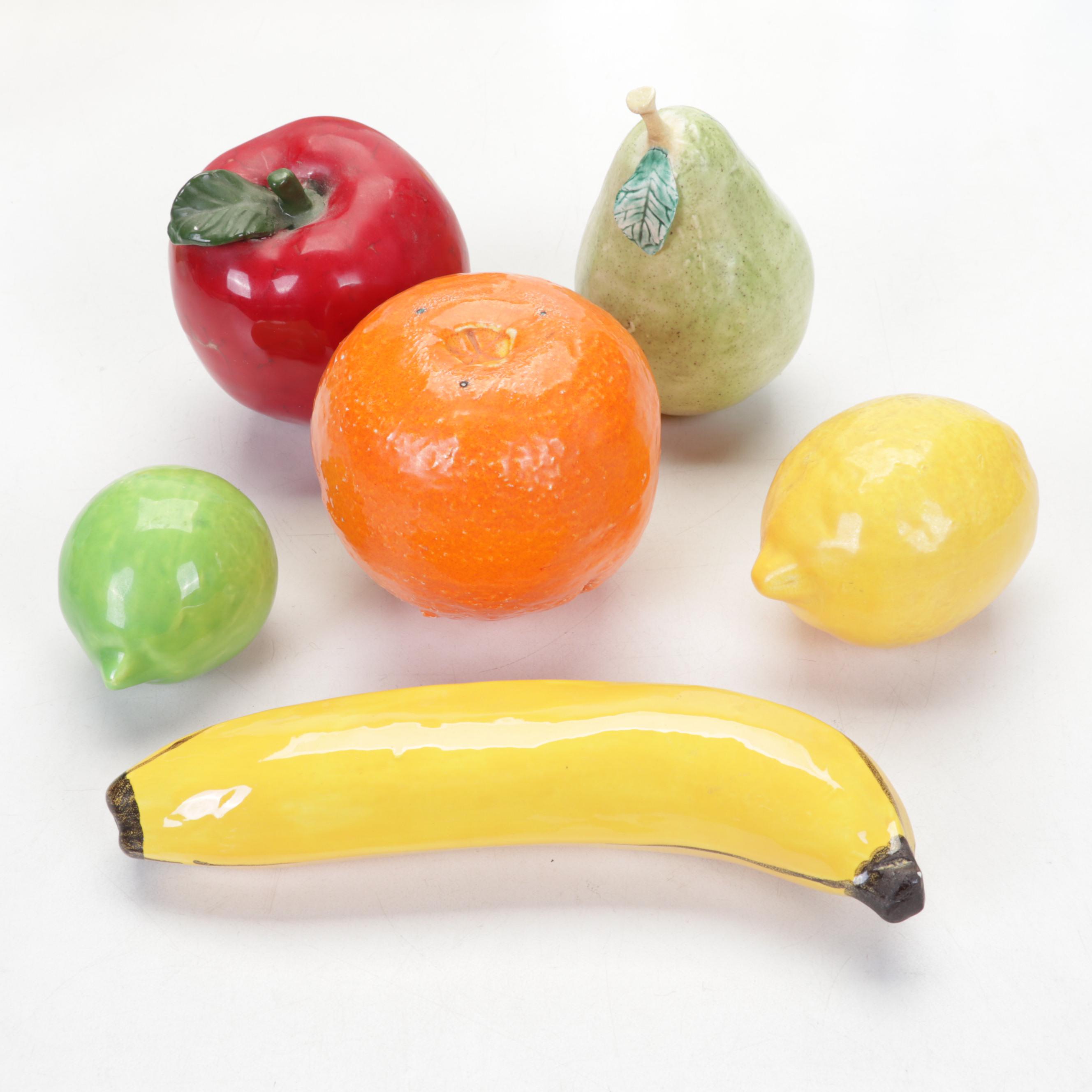 Fostoria Bowl, Fenton Vases, Lobster Tile, Blown Glass Fish, and Ceramic Fruit