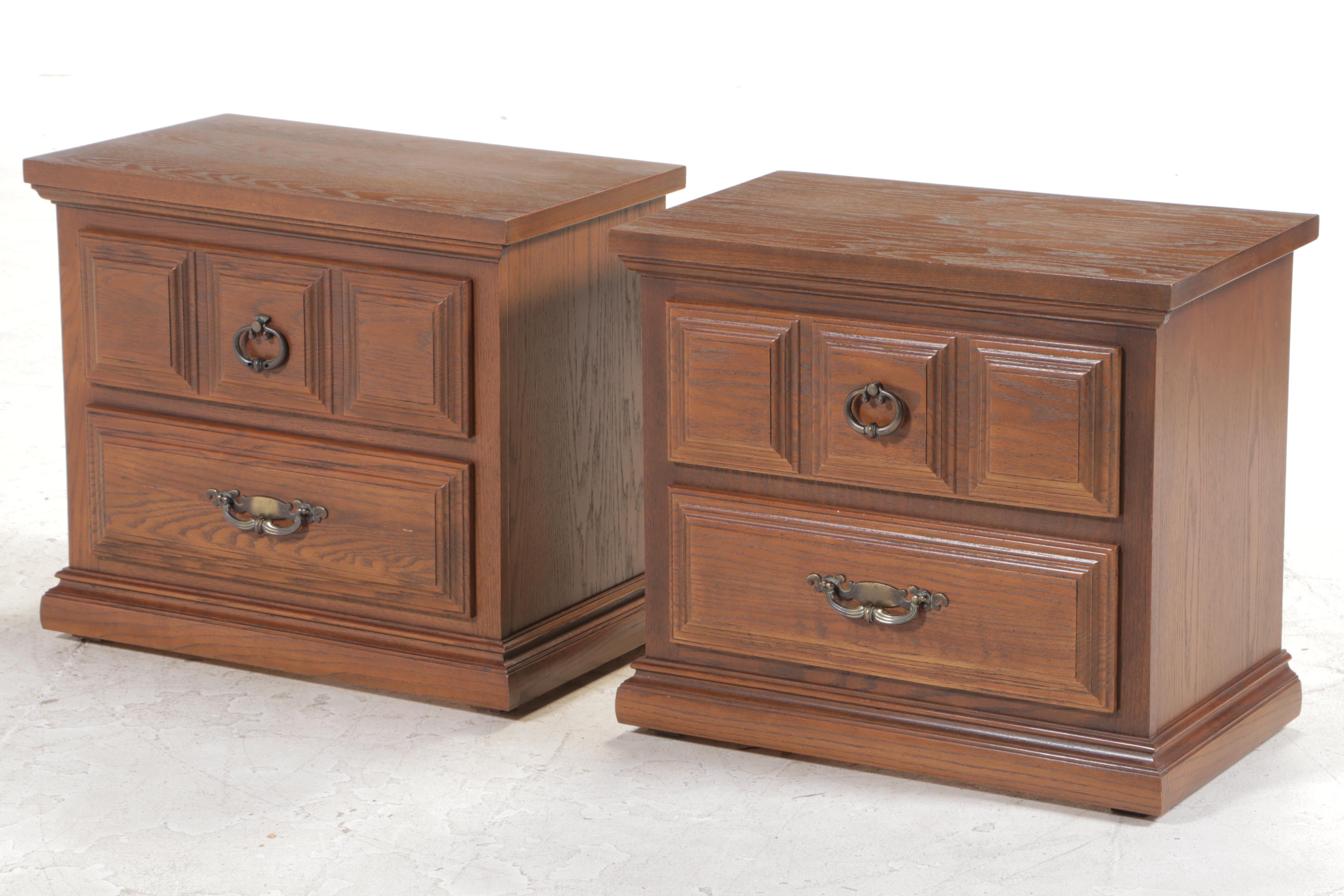 Pair of Kroehler French Provincial Style Oak Nightstands and King Headboard