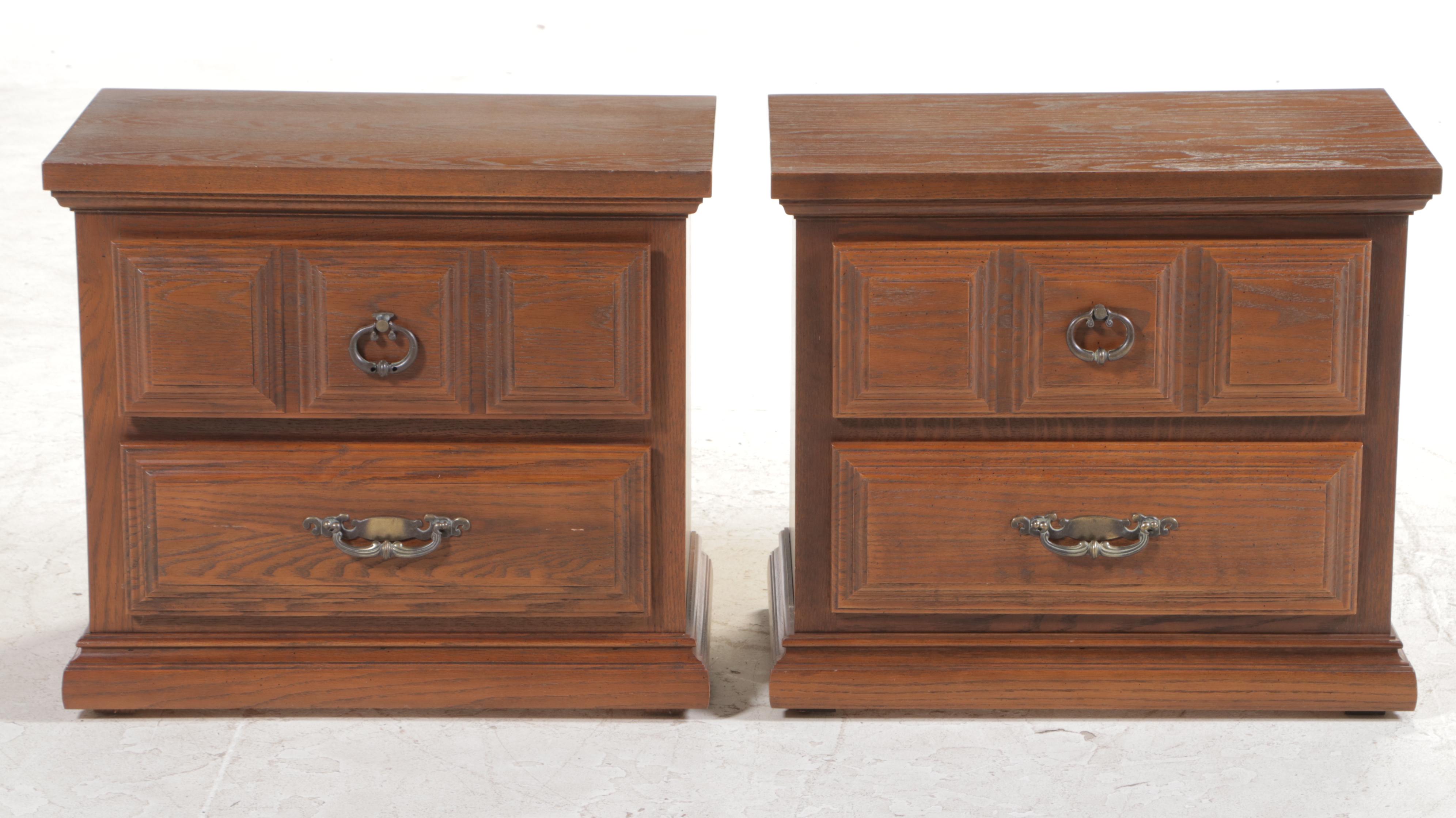 Pair of Kroehler French Provincial Style Oak Nightstands and King Headboard