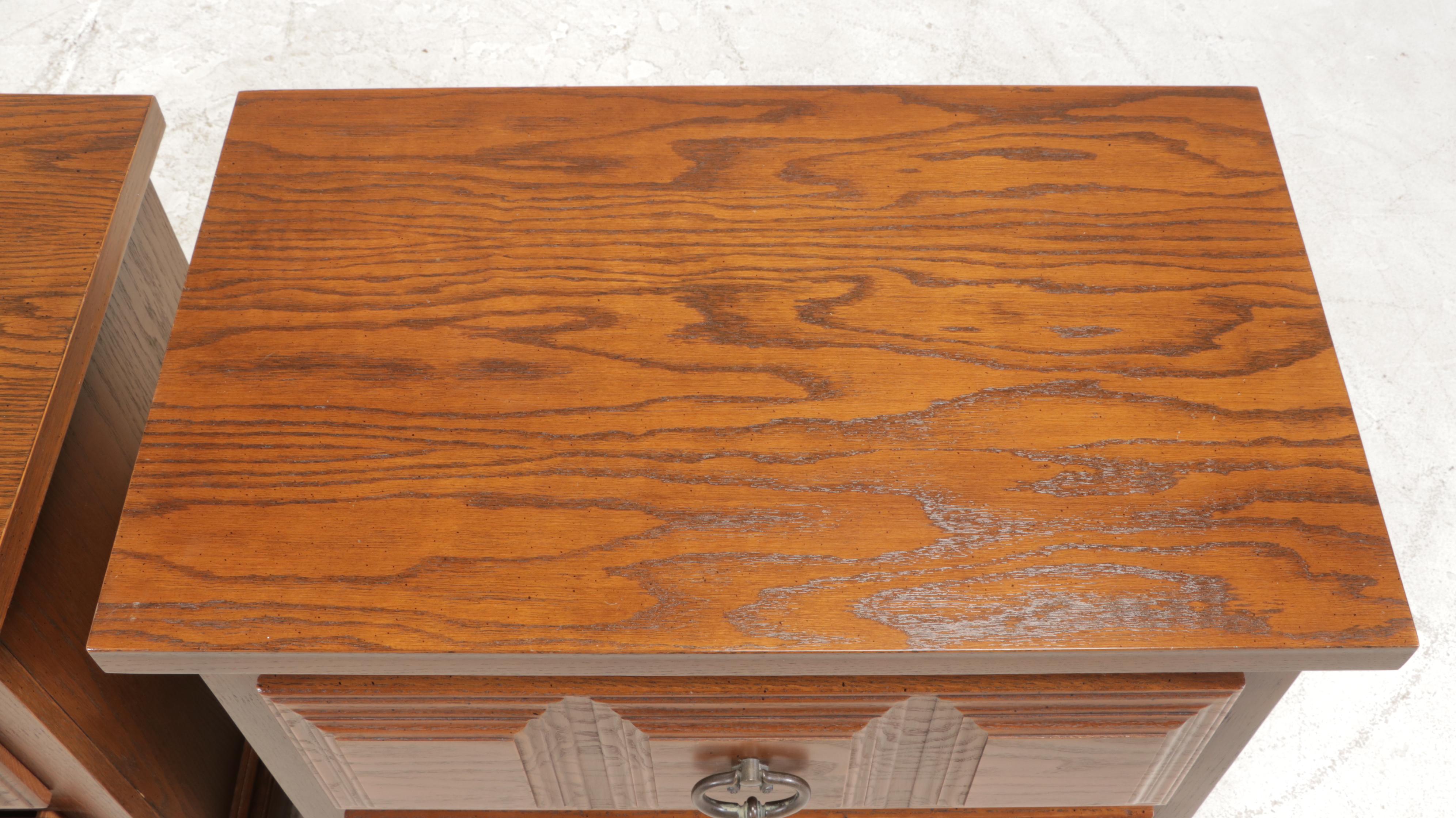 Pair of Kroehler French Provincial Style Oak Nightstands and King Headboard