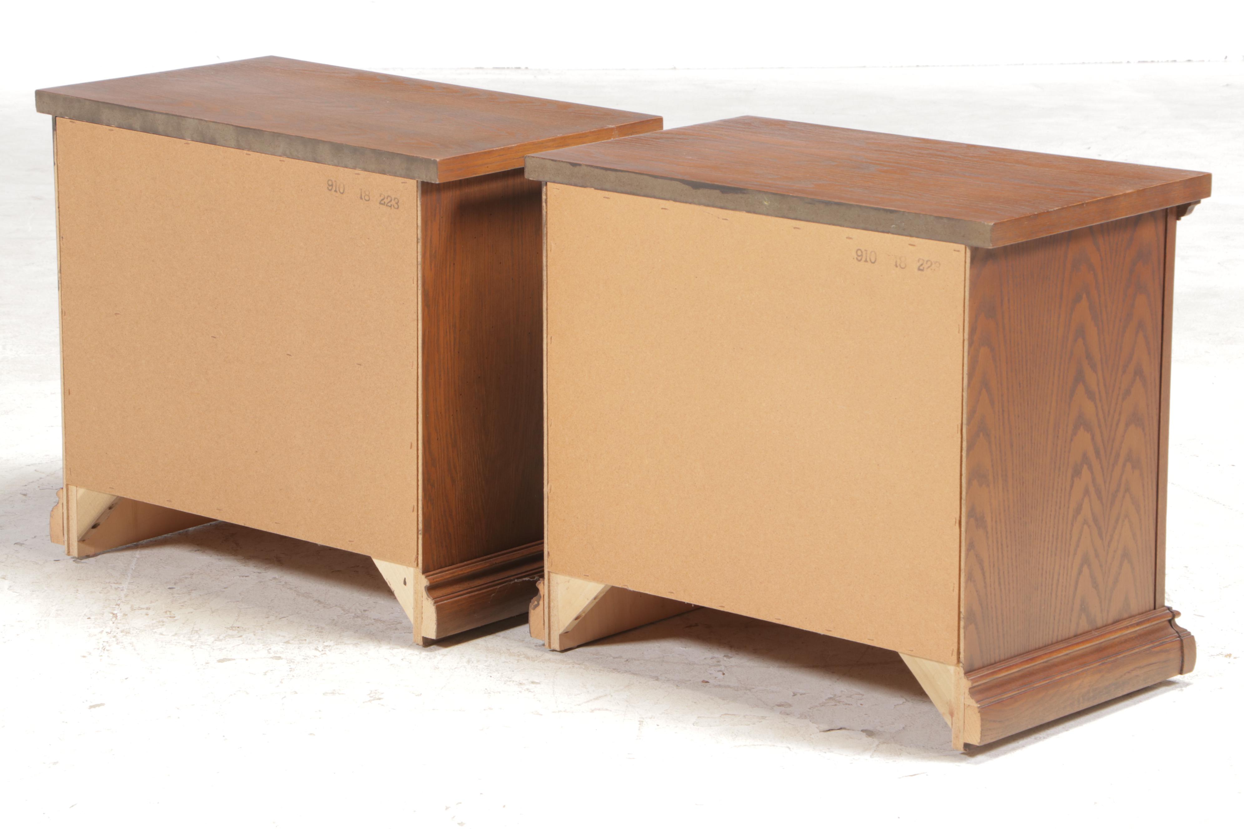 Pair of Kroehler French Provincial Style Oak Nightstands and King Headboard