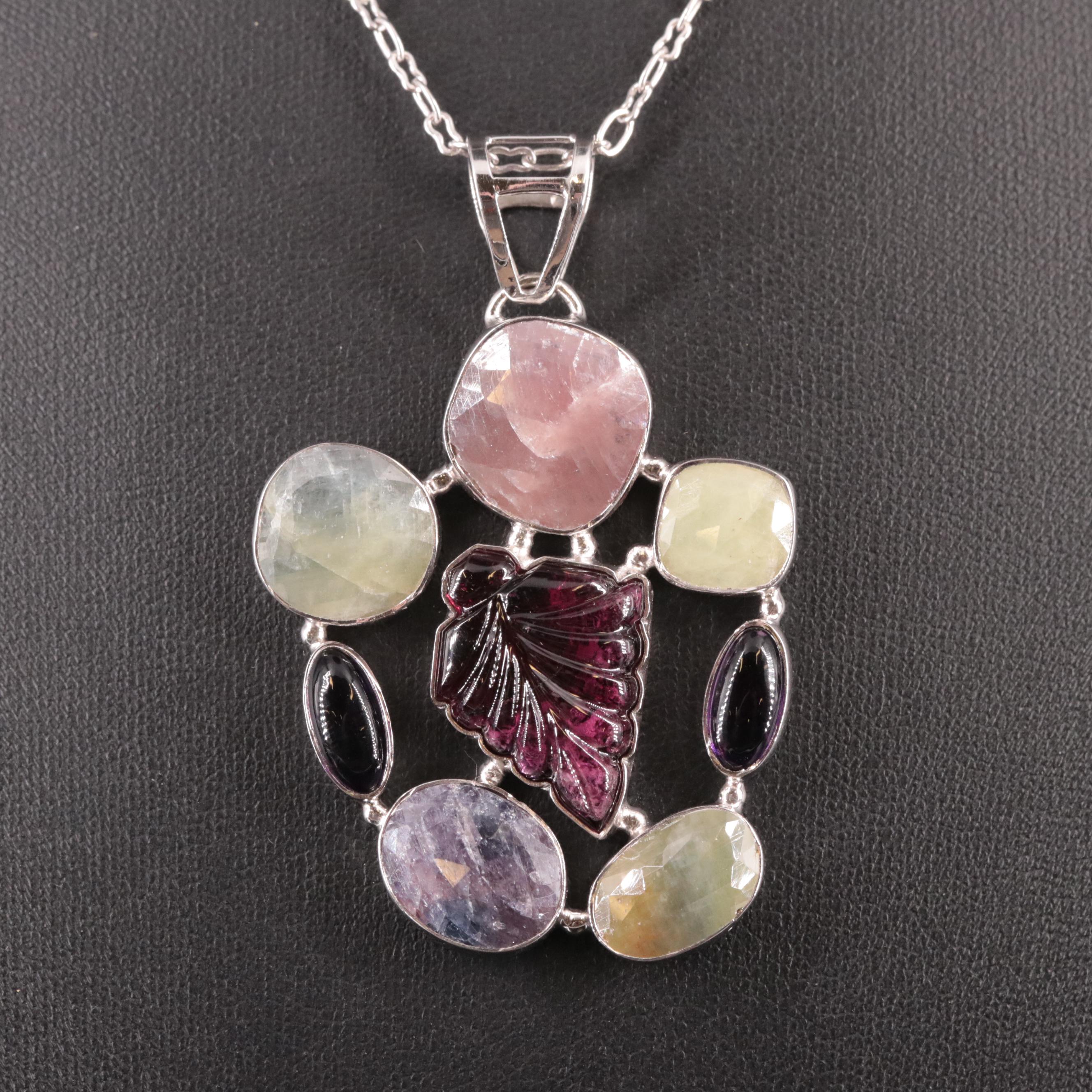 Sterling Sapphire and Amethyst Cluster Pendant Necklace