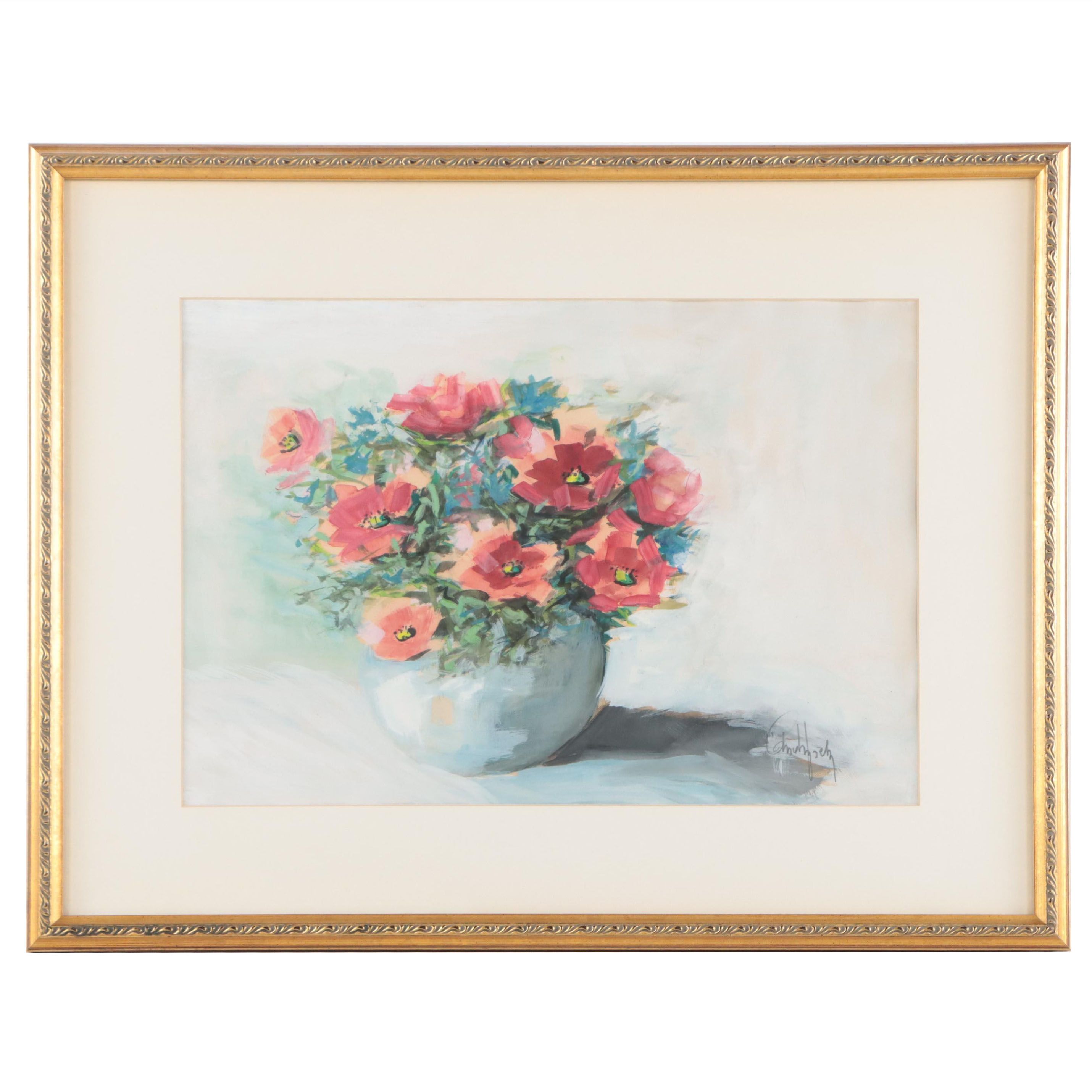 Floral Still Life Gouache Painting, Late 20th Century