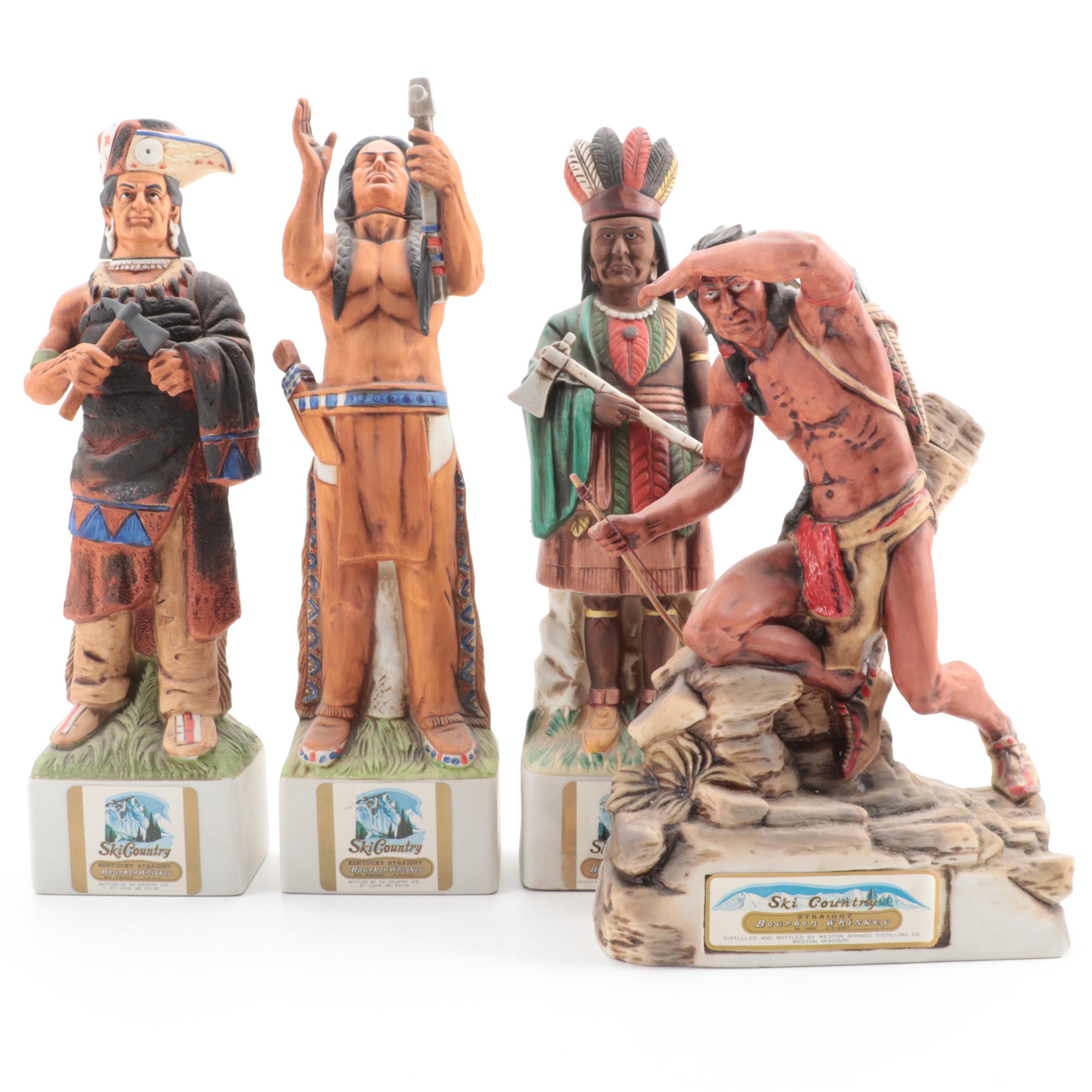 Ski Country "Look Out Indian" and Figural Porcelain Bourbon Decanters