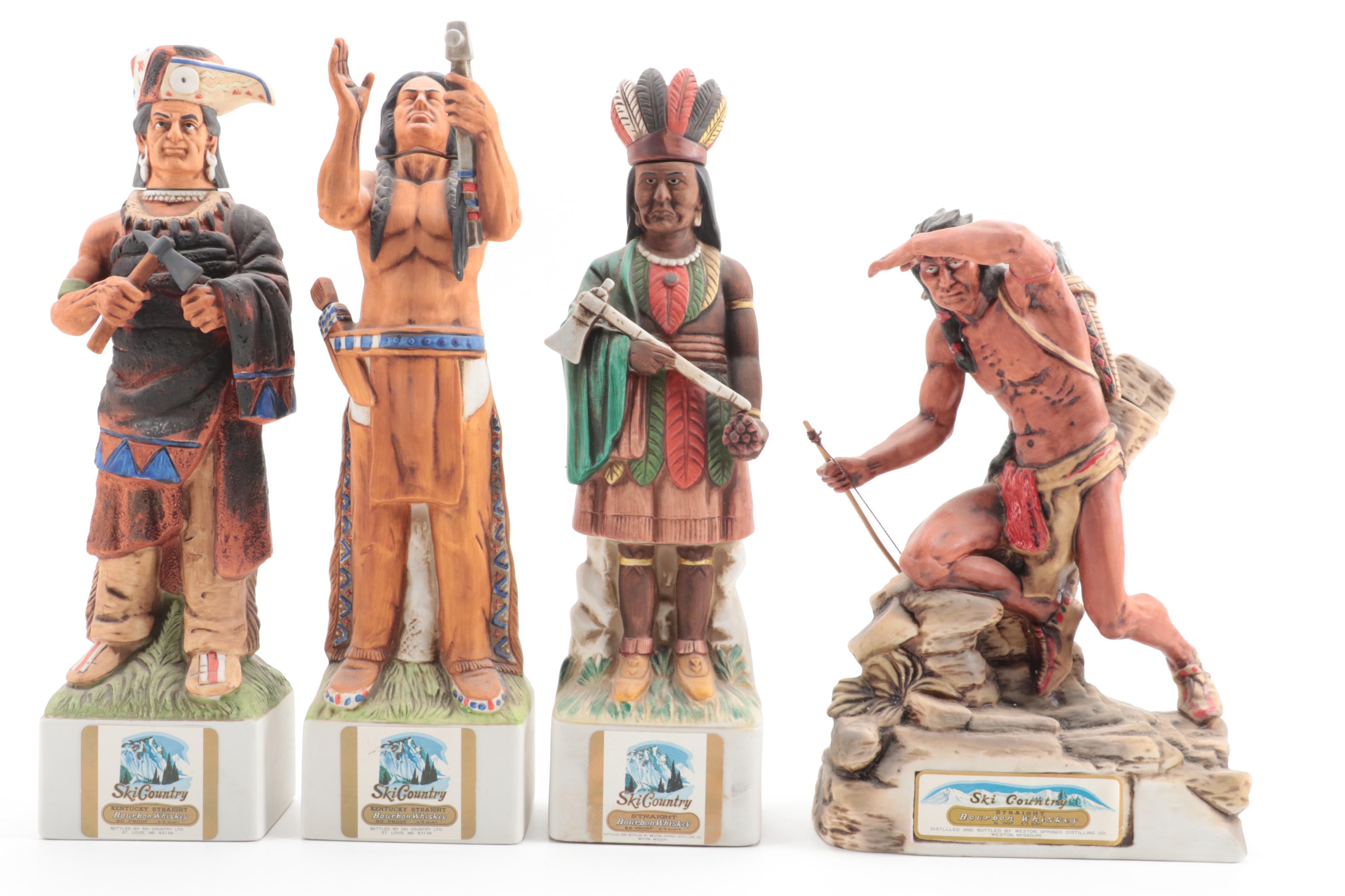 Ski Country "Look Out Indian" and Figural Porcelain Bourbon Decanters