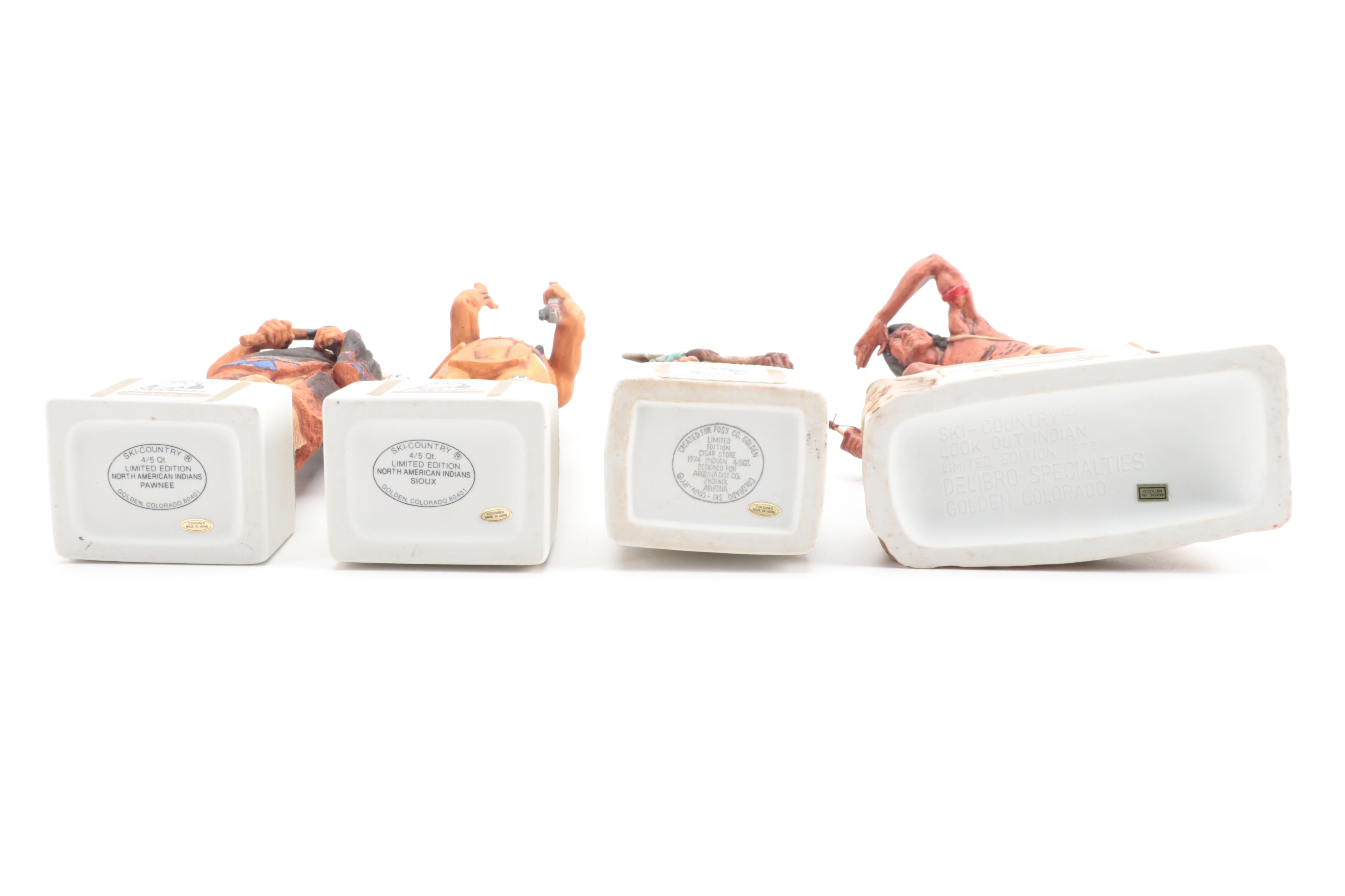 Ski Country "Look Out Indian" and Figural Porcelain Bourbon Decanters