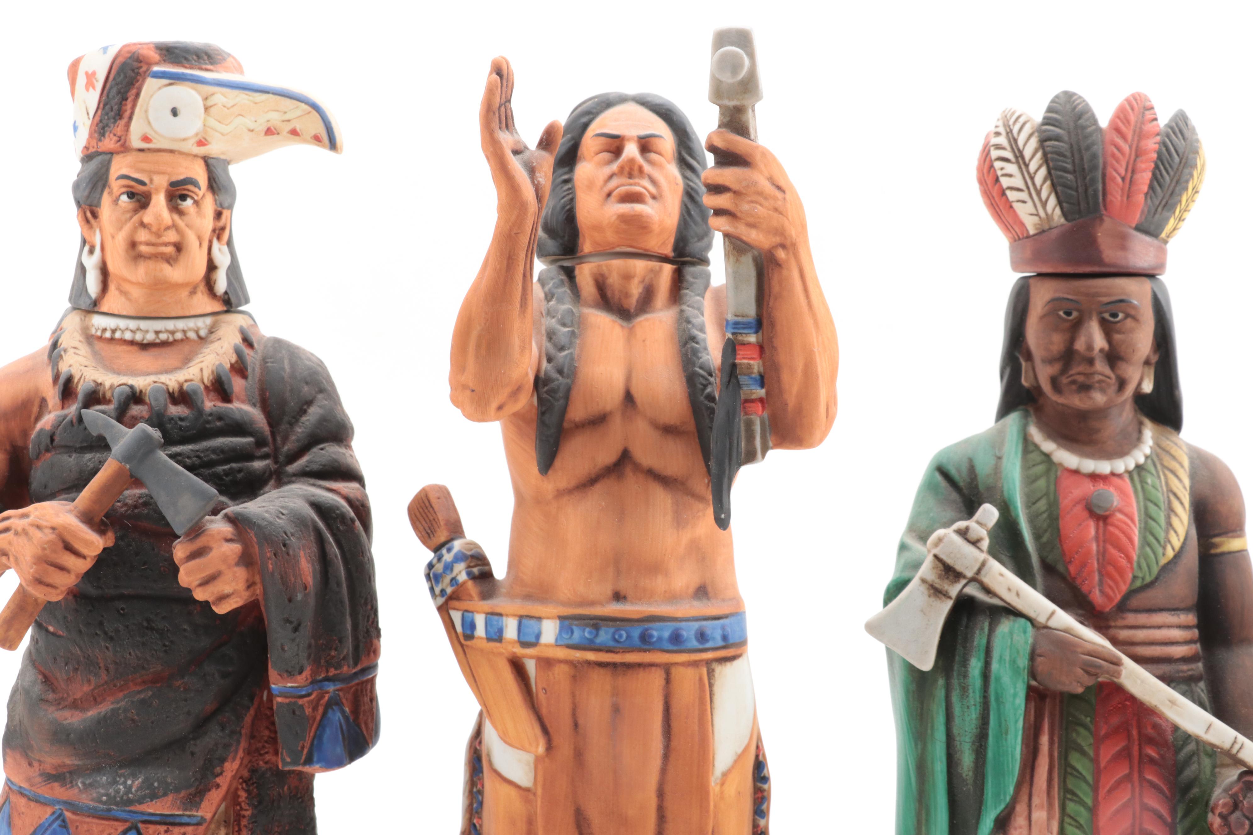 Ski Country "Look Out Indian" and Figural Porcelain Bourbon Decanters