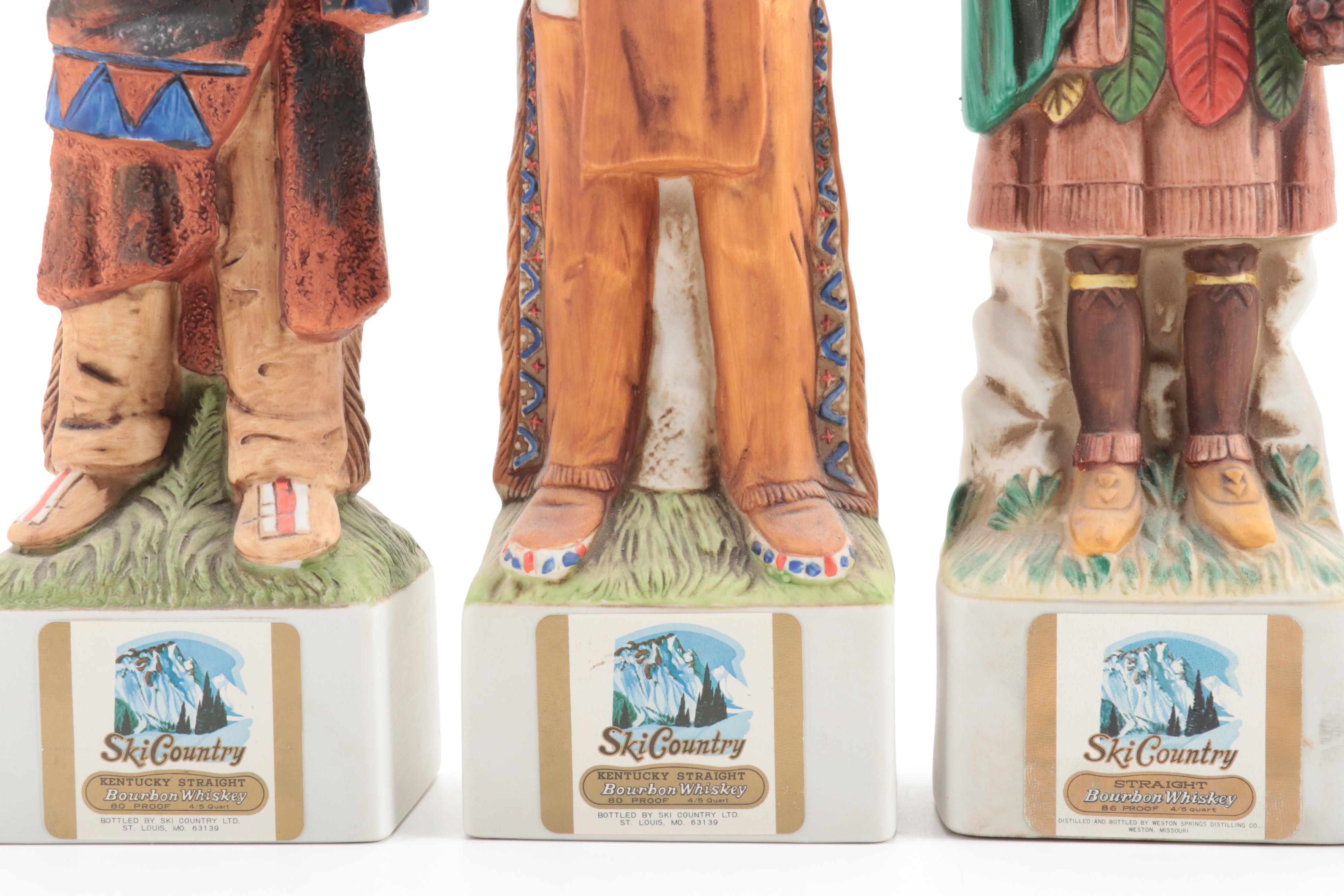 Ski Country "Look Out Indian" and Figural Porcelain Bourbon Decanters