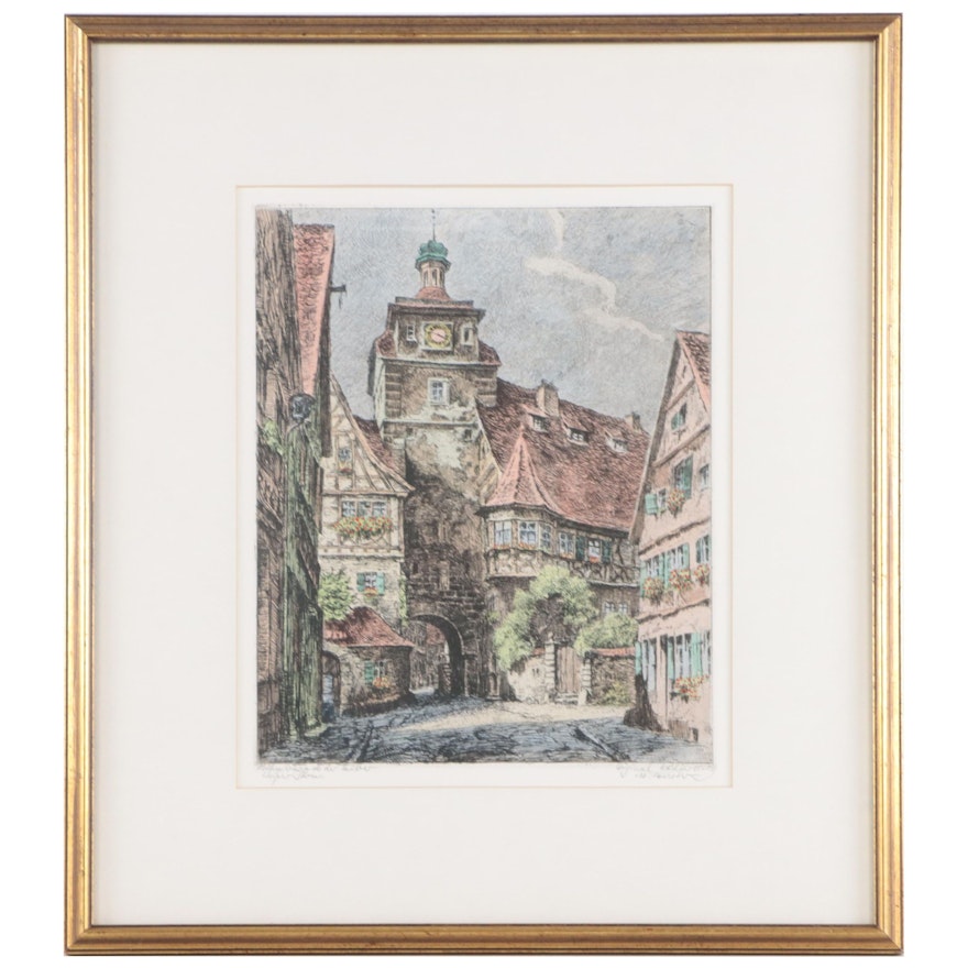 Hand-Colored Etching "Rothenburg ob der Tauber"