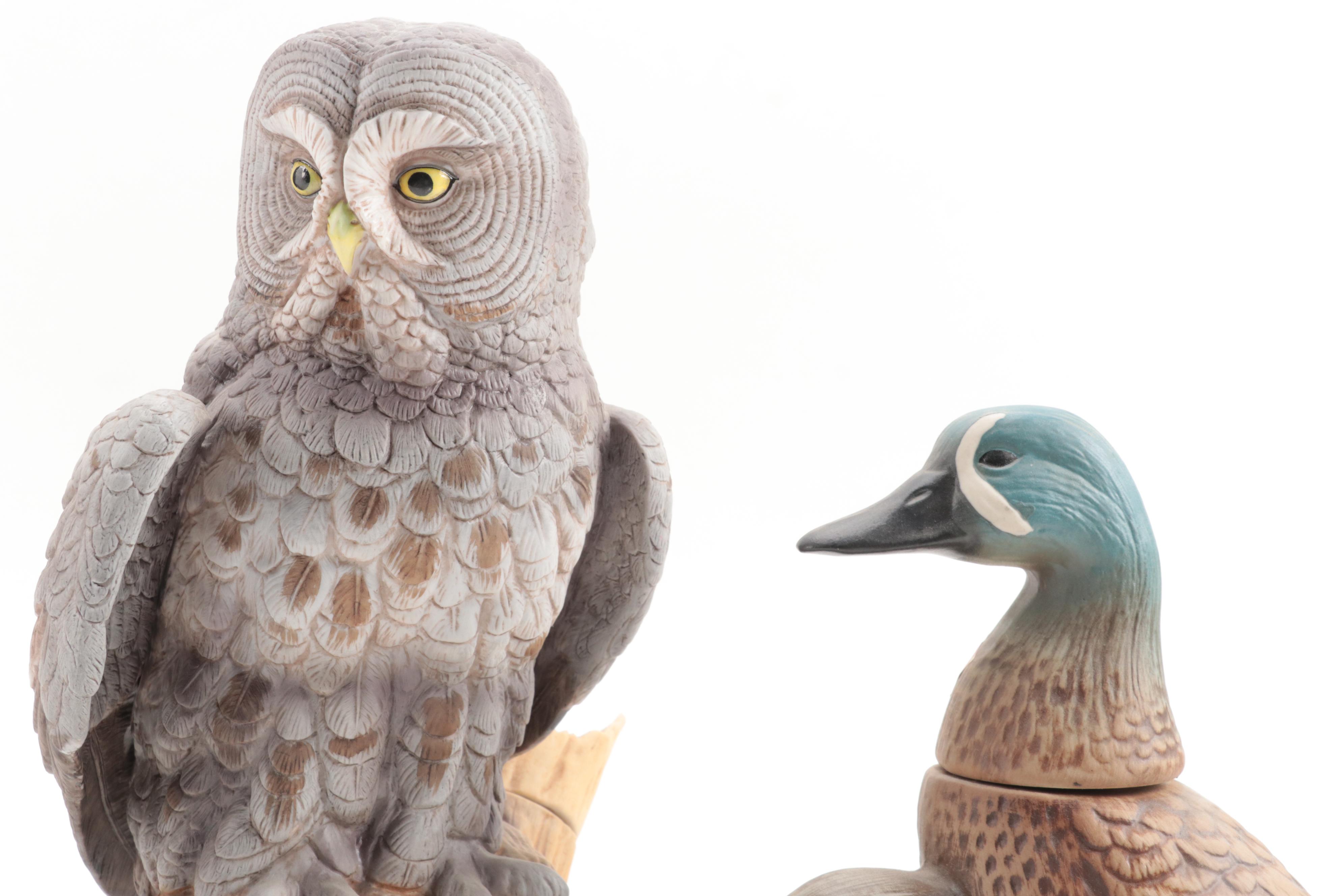 Lionstone with Ski Country and Other Porcelain Bird Shaped Decanters