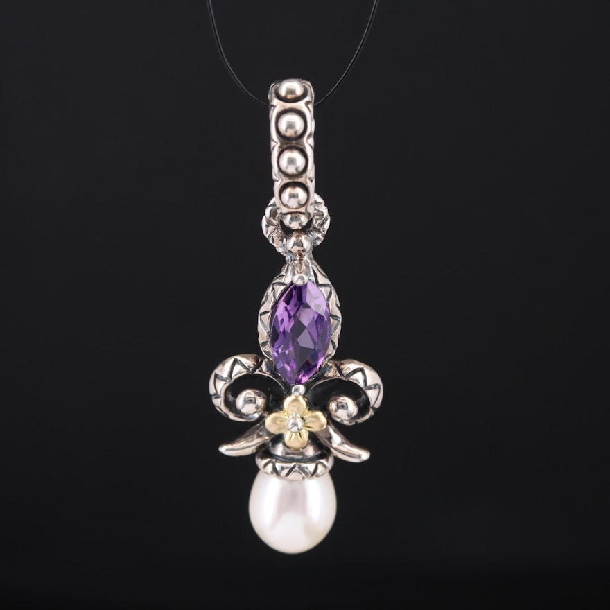 Barbara Bixby Sterling Amethyst and Pearl Enhancer Pendant with 18K Accent