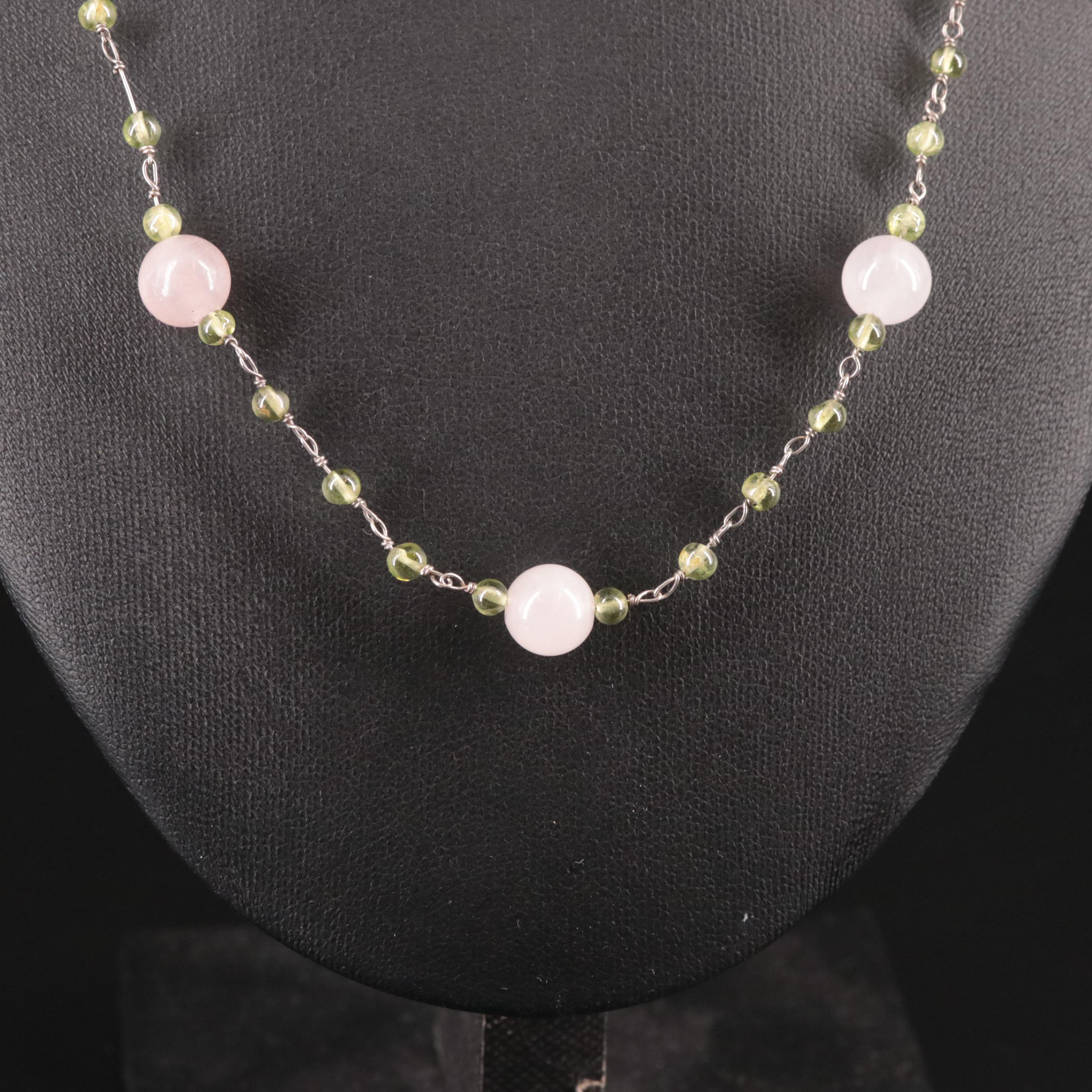 Sterling Rose Quartz and Peridot Beaded Necklace