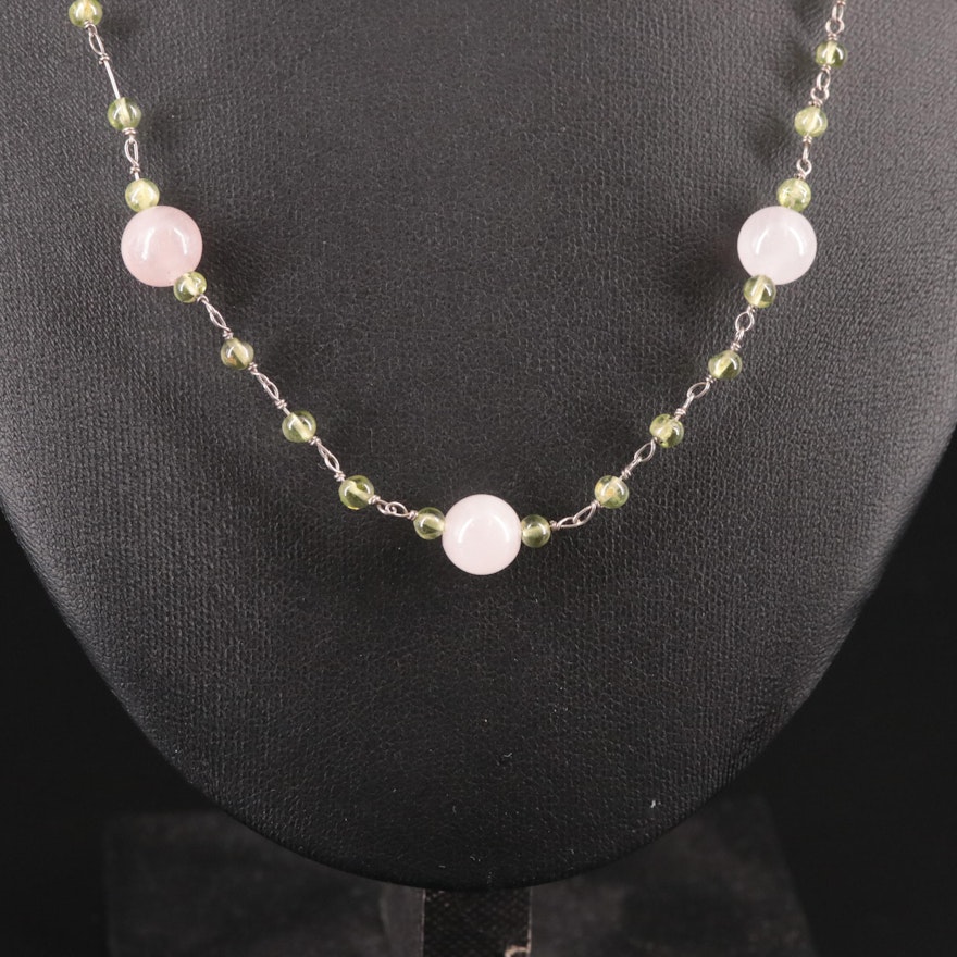 Sterling Rose Quartz and Peridot Beaded Necklace