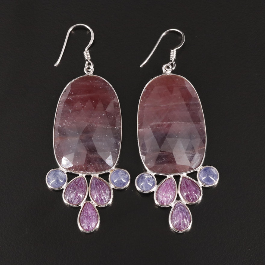 Sterling Sapphire, Ruby, and Tanzanite Dangle Earrings