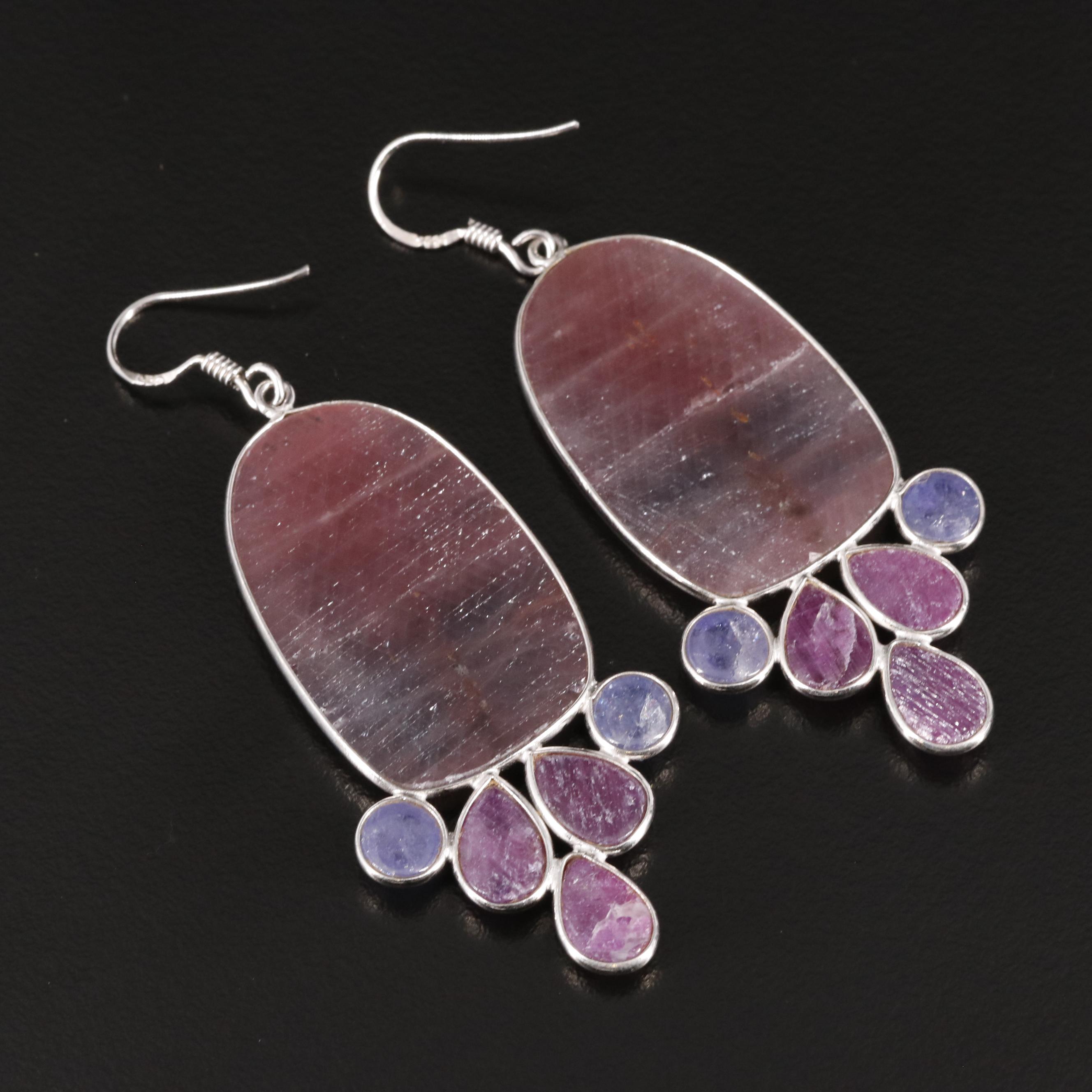 Sterling Sapphire, Ruby, and Tanzanite Dangle Earrings