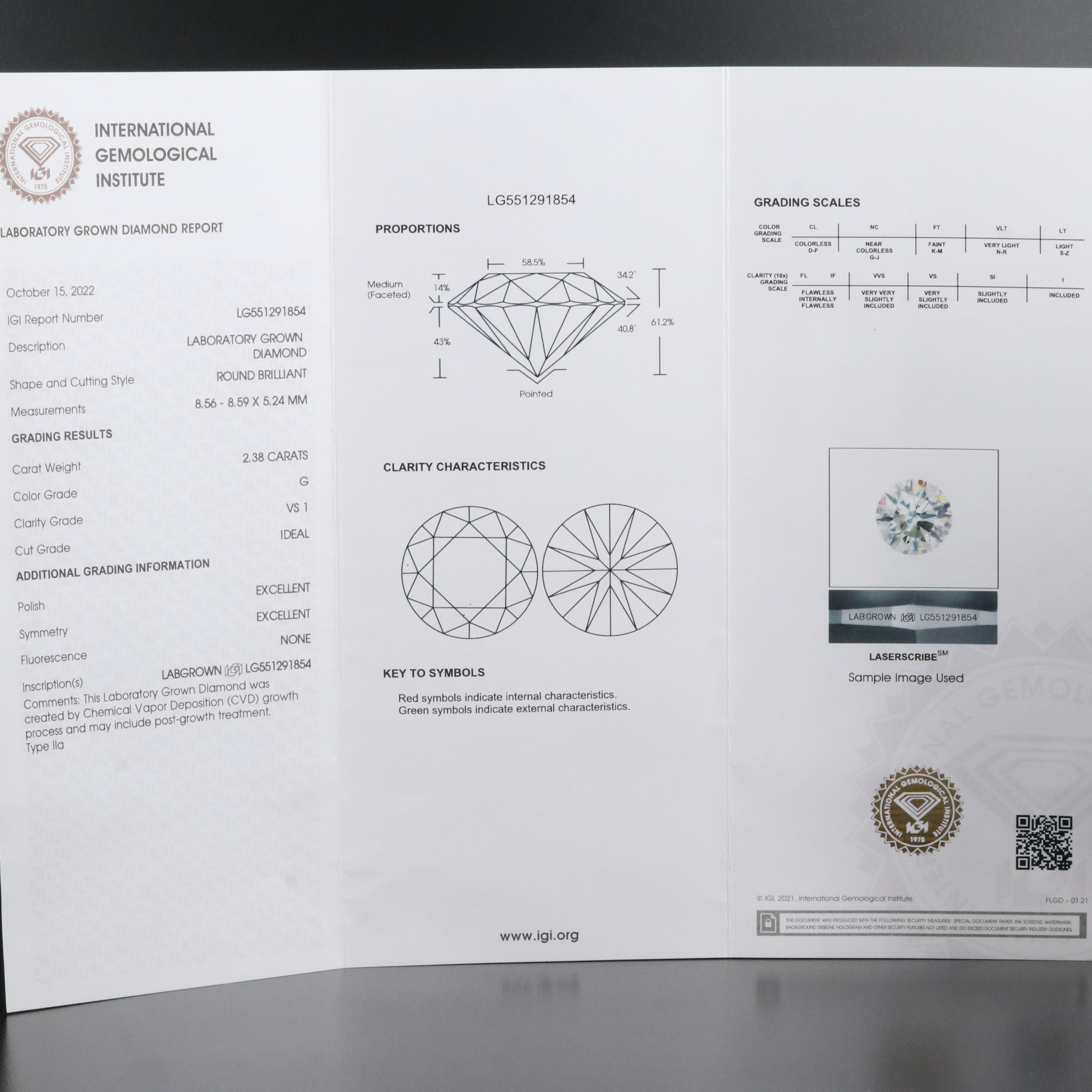 Loose 2.38 CT Lab Grown Diamond with IGI Report